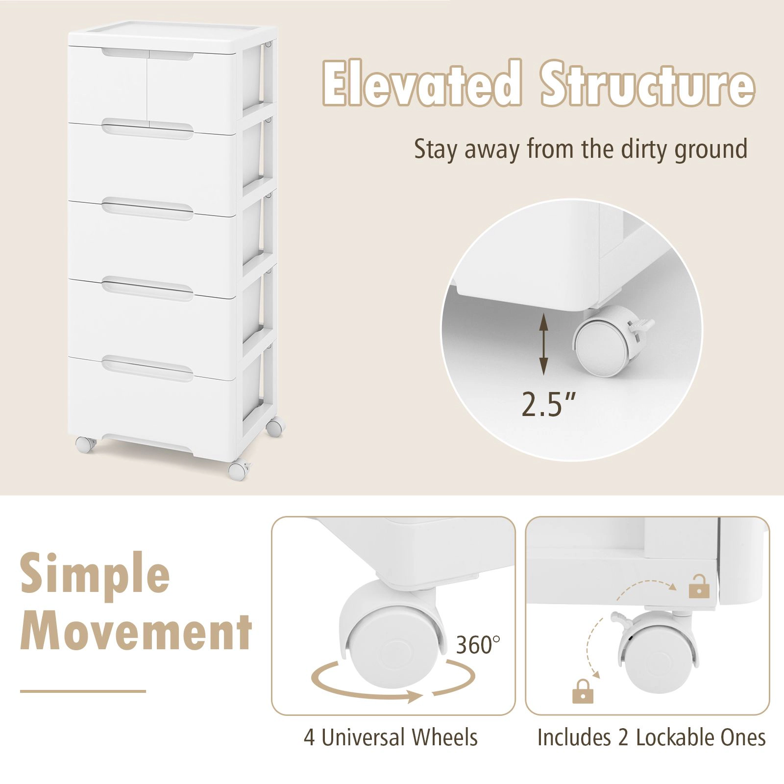 SlickBlue Rolling Storage Cabinet with Drawers and Lockable Wheels