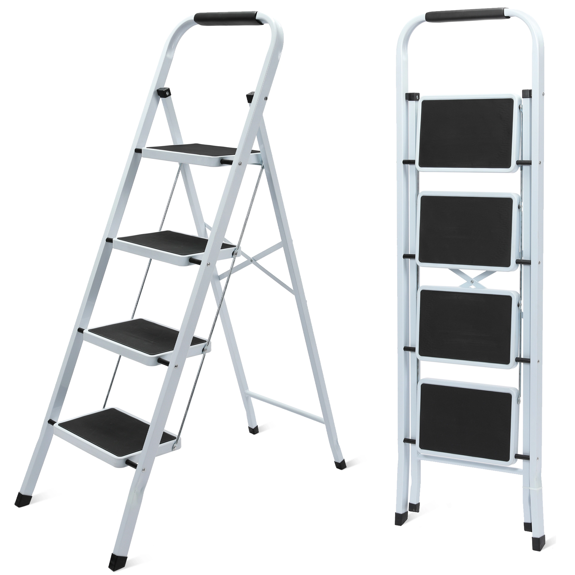Flynama 4 Step Ladder- 330lb Capacity Steel Foldable Step Stool (White)