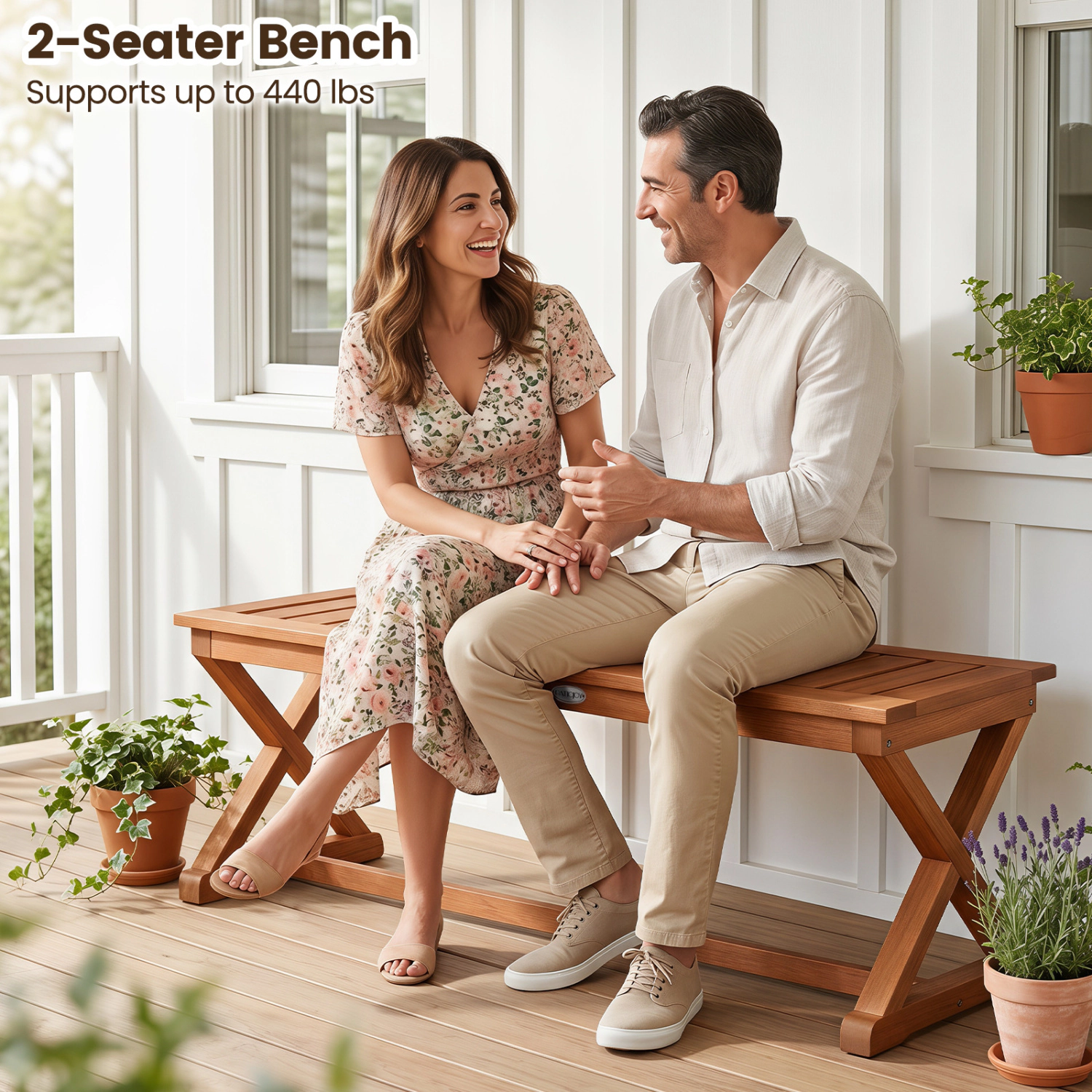 LJG 2-Person 44" Solid Wood Outdoor Bench with Slatted Seat for Patio Park Balcony
