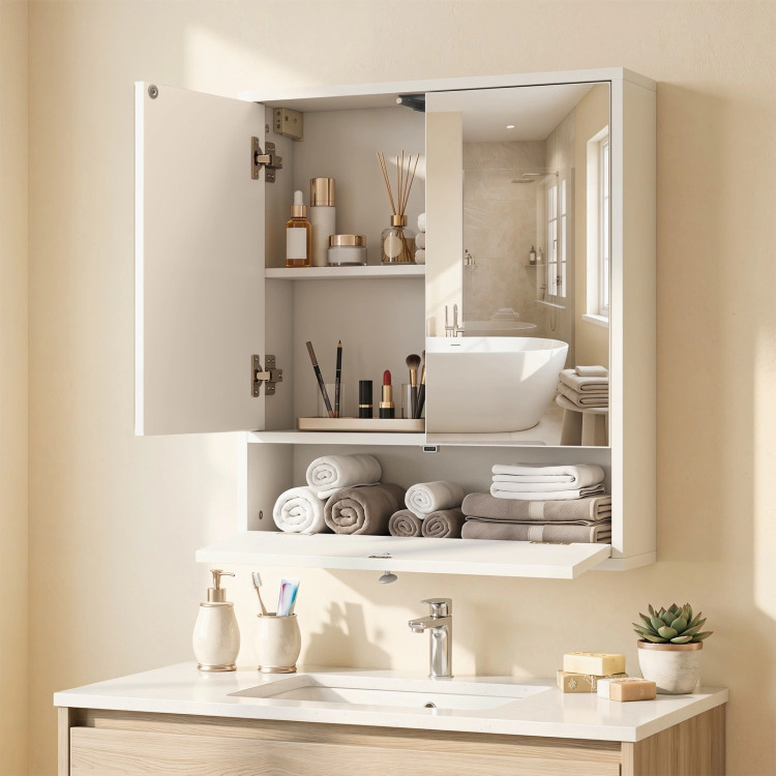 SUGIFT 2 Push-to-Open Mirrored Doors Engineered Wood Medicine Cabinet 21.5-in x 5.5-in x 24.5-in 22-lb Shelf White