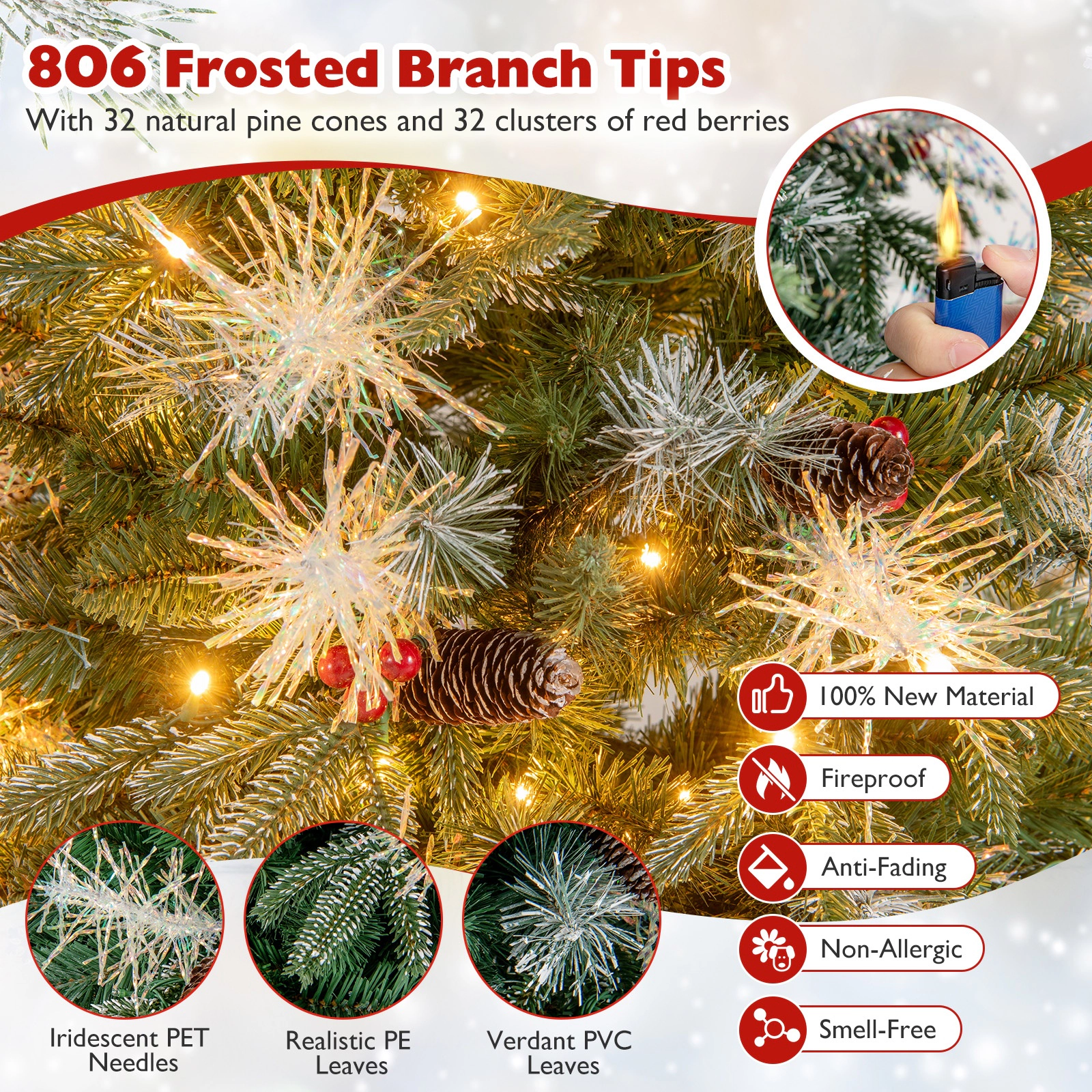 SUGIFT 6-ft Green Pre-Lit Artificial Christmas Tree with 270 LED Lights 8 Modes 806 Tips and Metal Base