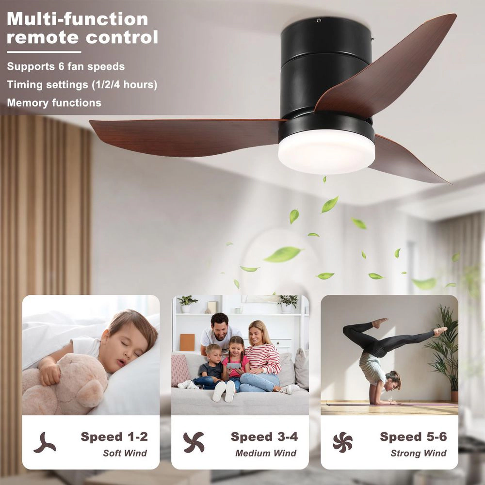 Flynama 36 in. Black Indoor Quiet DC Motor Flush Mount Standard Ceiling Fan with Light Remote Control 6-Speed Levels