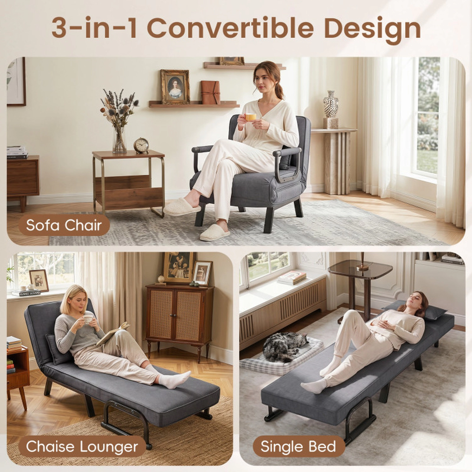 SUGIFT Gray 3-in-1 Folding Sofa Bed Chair with Adjustable Backrest and Pillow