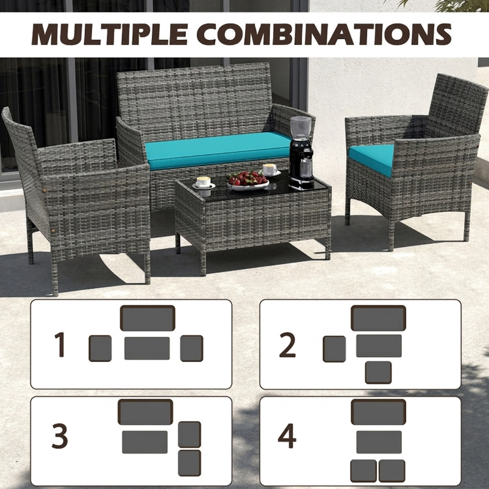 SUGIFT 4-Piece Turquoise Patio Rattan Conversation Set with Glass Table 16-in Seat H 800-lb Loveseat Capacity