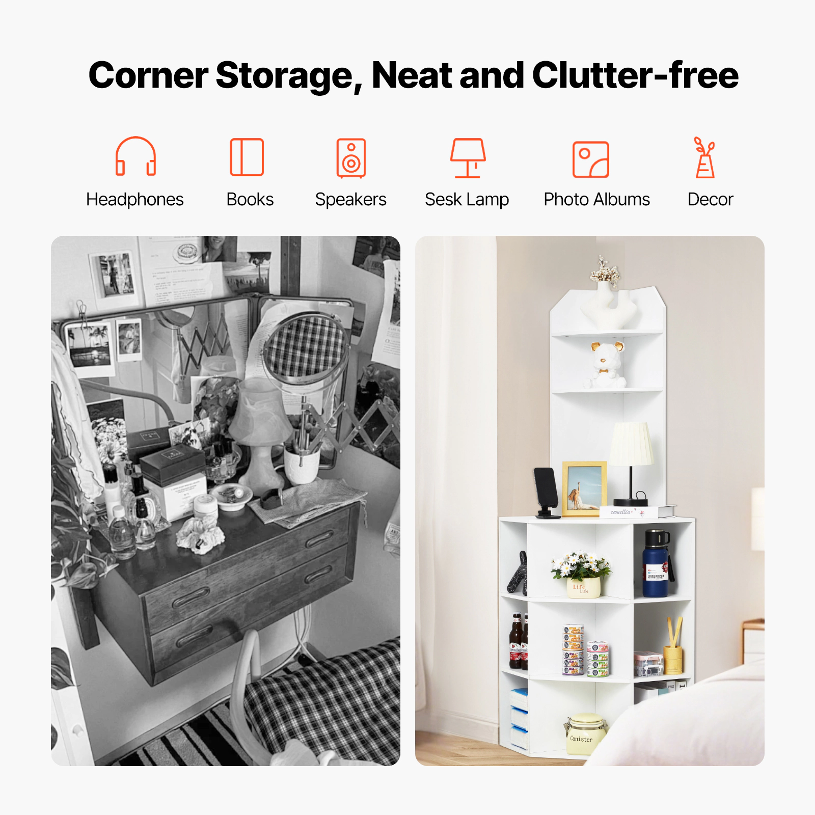 HONGGE Freestanding Corner Storage Cabinet with Wooden & Adjustable Shelves for Kitchen Living Room Laundry Room