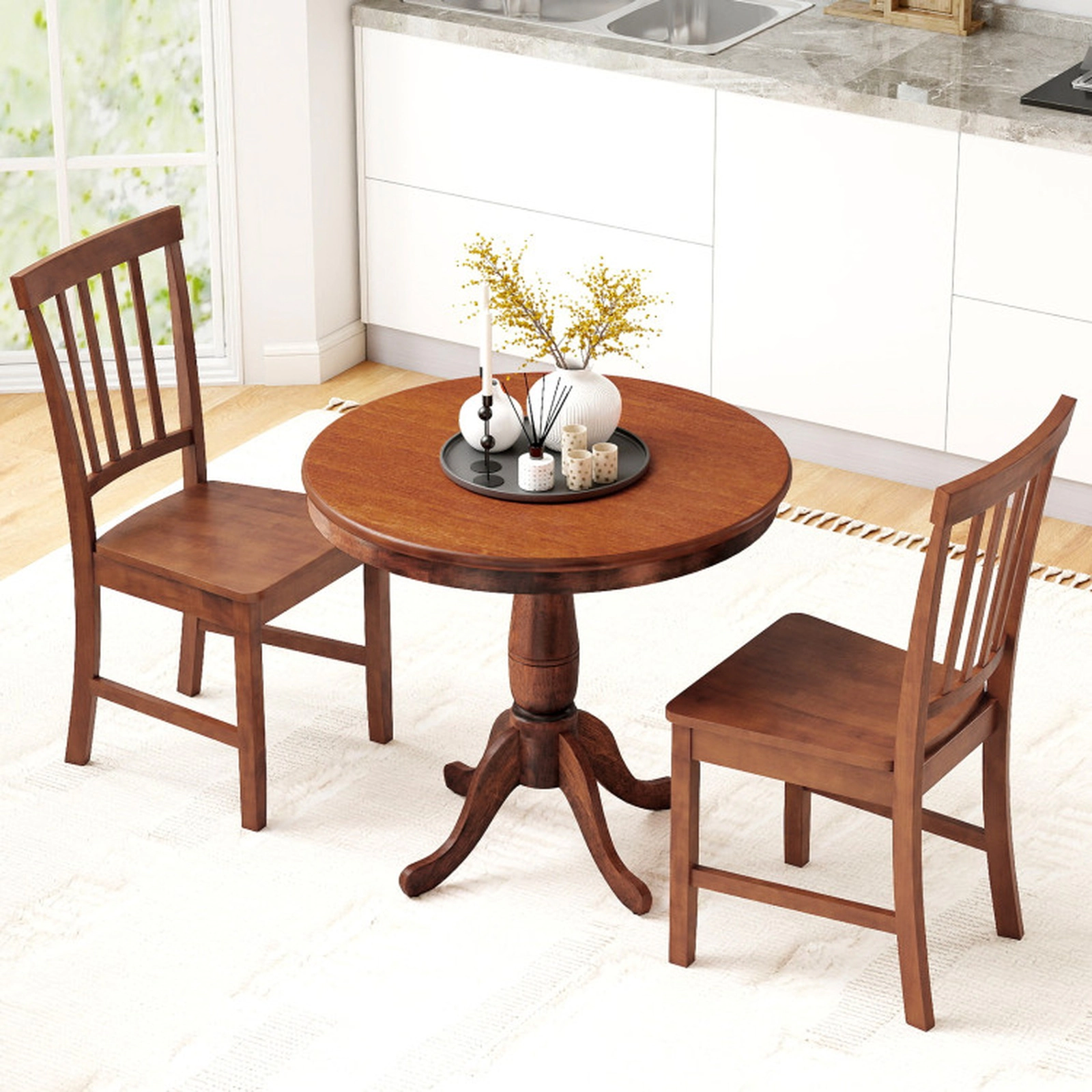 SUGIFT 3-Piece Rubber Wood Slat Back 2 Chairs Pedestal Table Dining Set 32-in Dia x 30-in H 220-lb Capacity Walnut