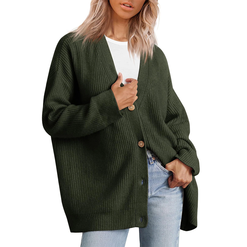 KOJOOIN Women Oversized V Neck Knit Cardigan Ribbed Button Down Sweater Jacket Mid‑Length Loose Outerwear