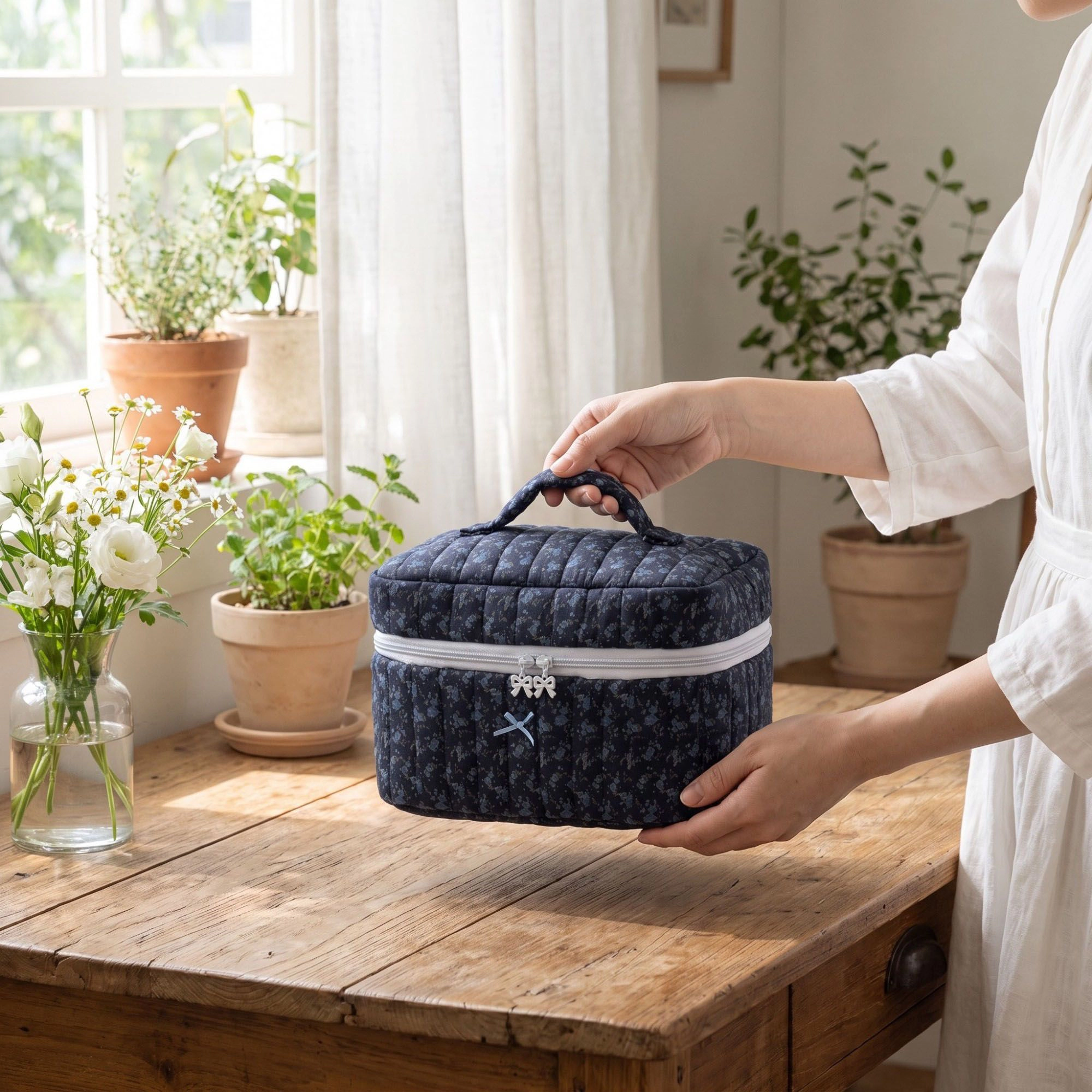 Alilang Women Quilted Floral Cosmetic Makeup Bag with Top Handle and Zip Closure