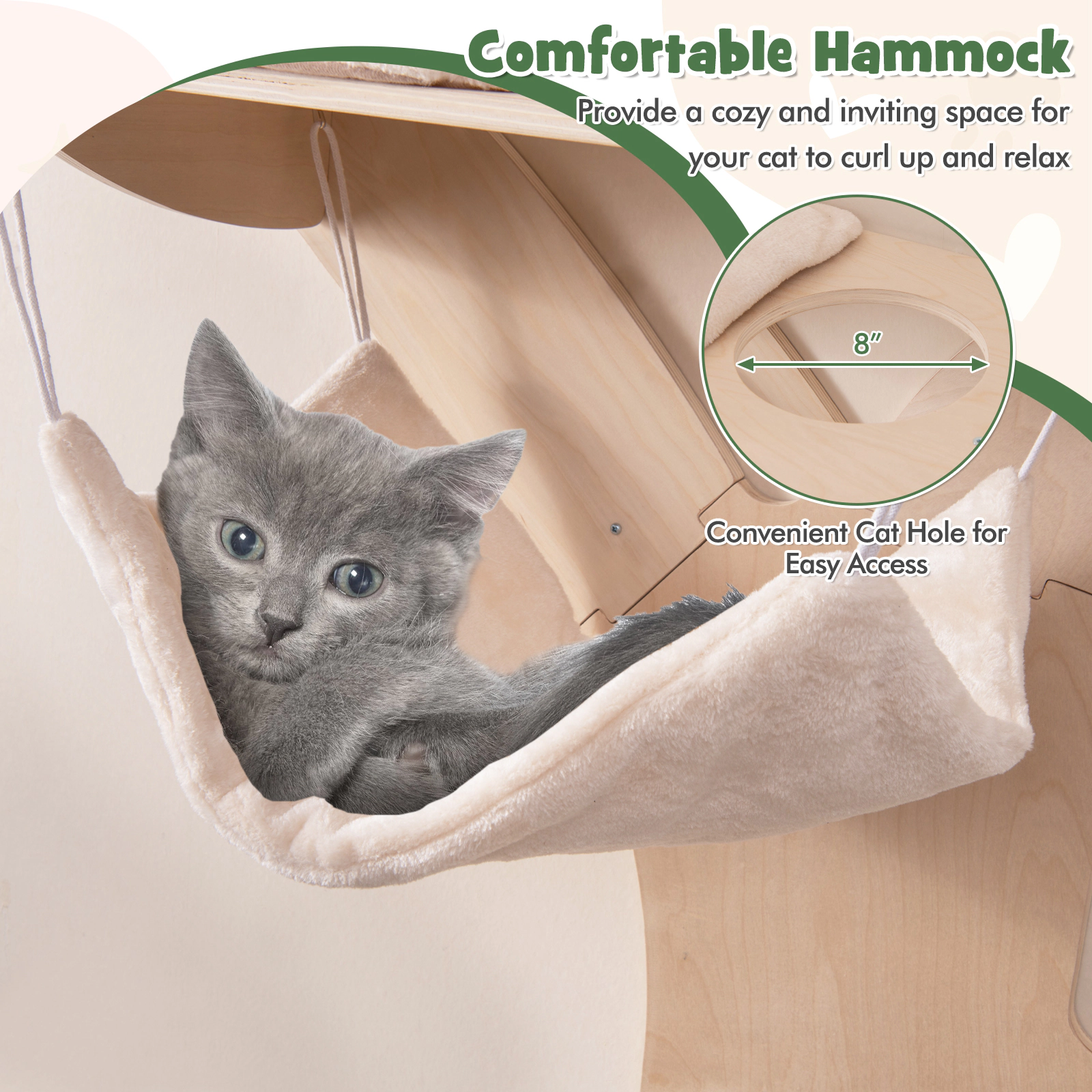 SUGIFT 71-in Wall-Mounted Cat Shelves Climbing Tower with Hammock 4 Padded Platforms and Sisal Mat
