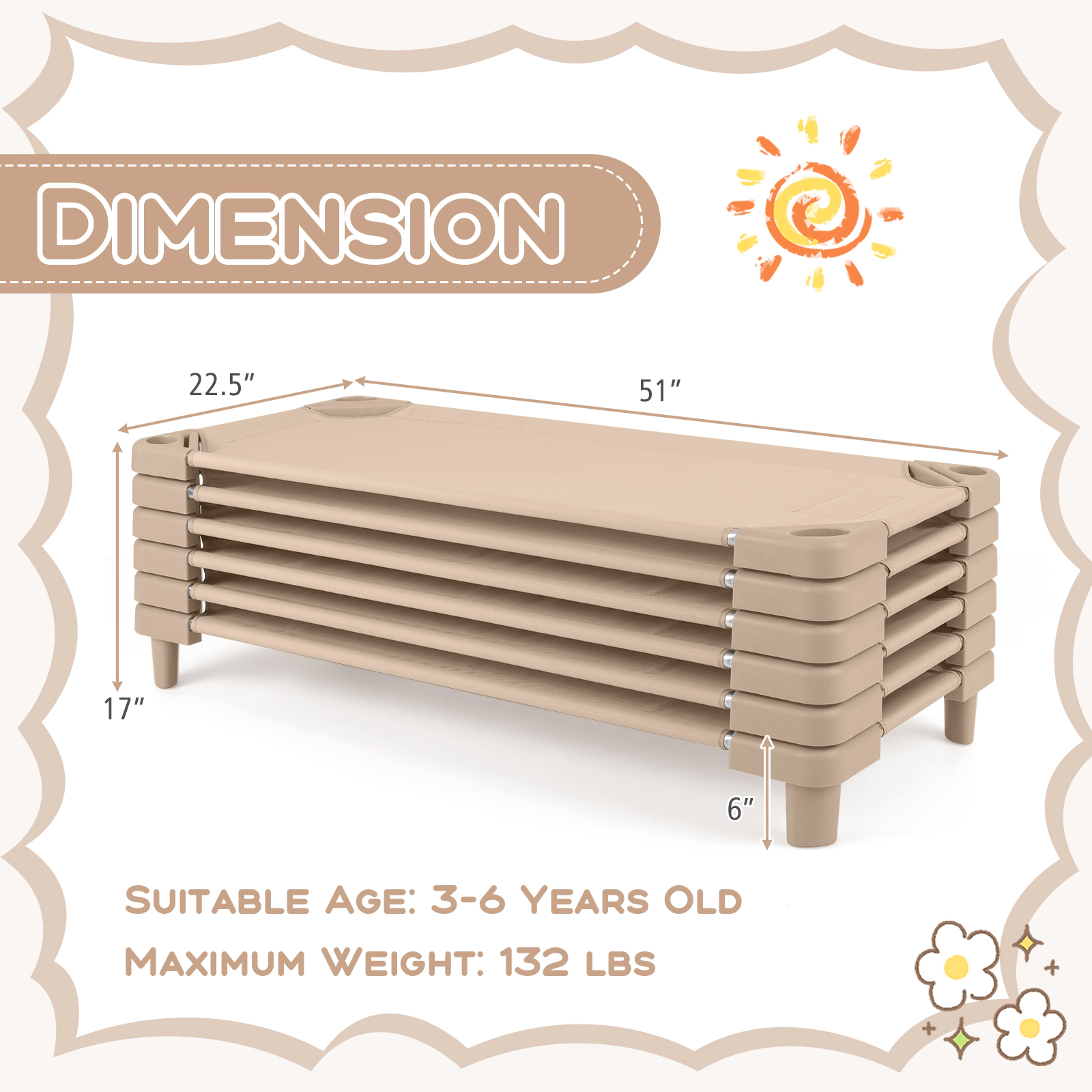SUGIFT Stackable Kids Daycare Cot Pack of 6 Toddler Beds Detachable Oxford Fabric 132-lb Capacity Ages 3-6 51-in Beige