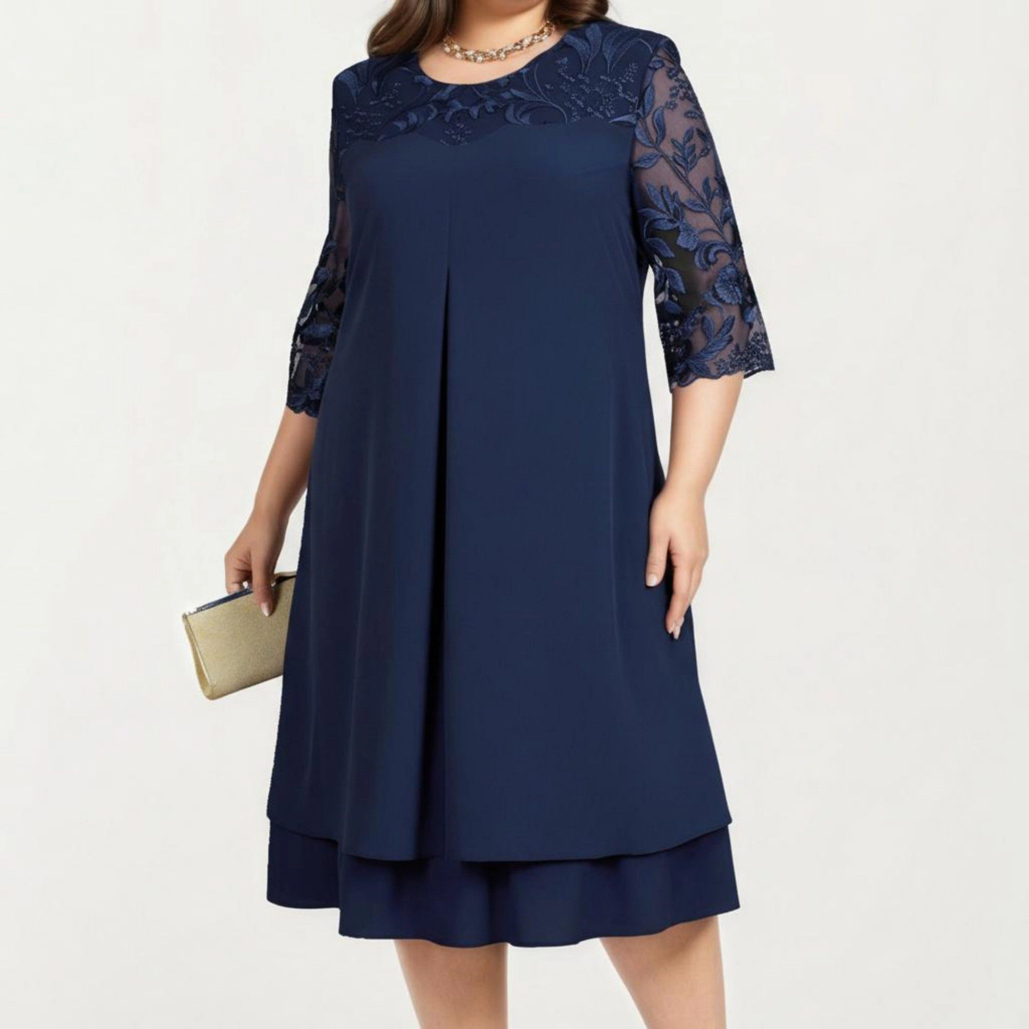 Anna-Kaci Women's Plus Lace Yoke Sheer Sleeve Detail Layered Hem Flowy Elegant Midi Dress