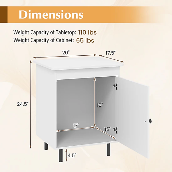 Glintex Mid-Century Nightstand with Enclosed Cabinet and 2 Anti-Tipping Kits, White