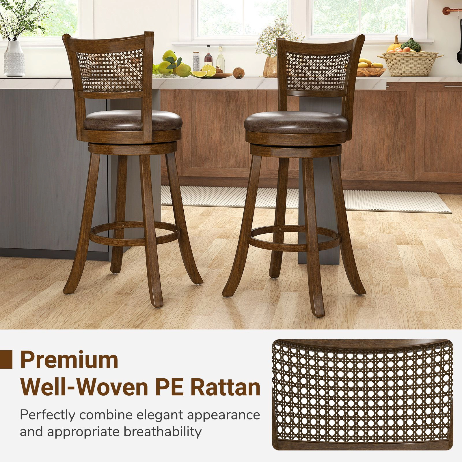 SlickBlue High Dining Chairs with Leathaire Seat, Footrest and Rattan Backrest
