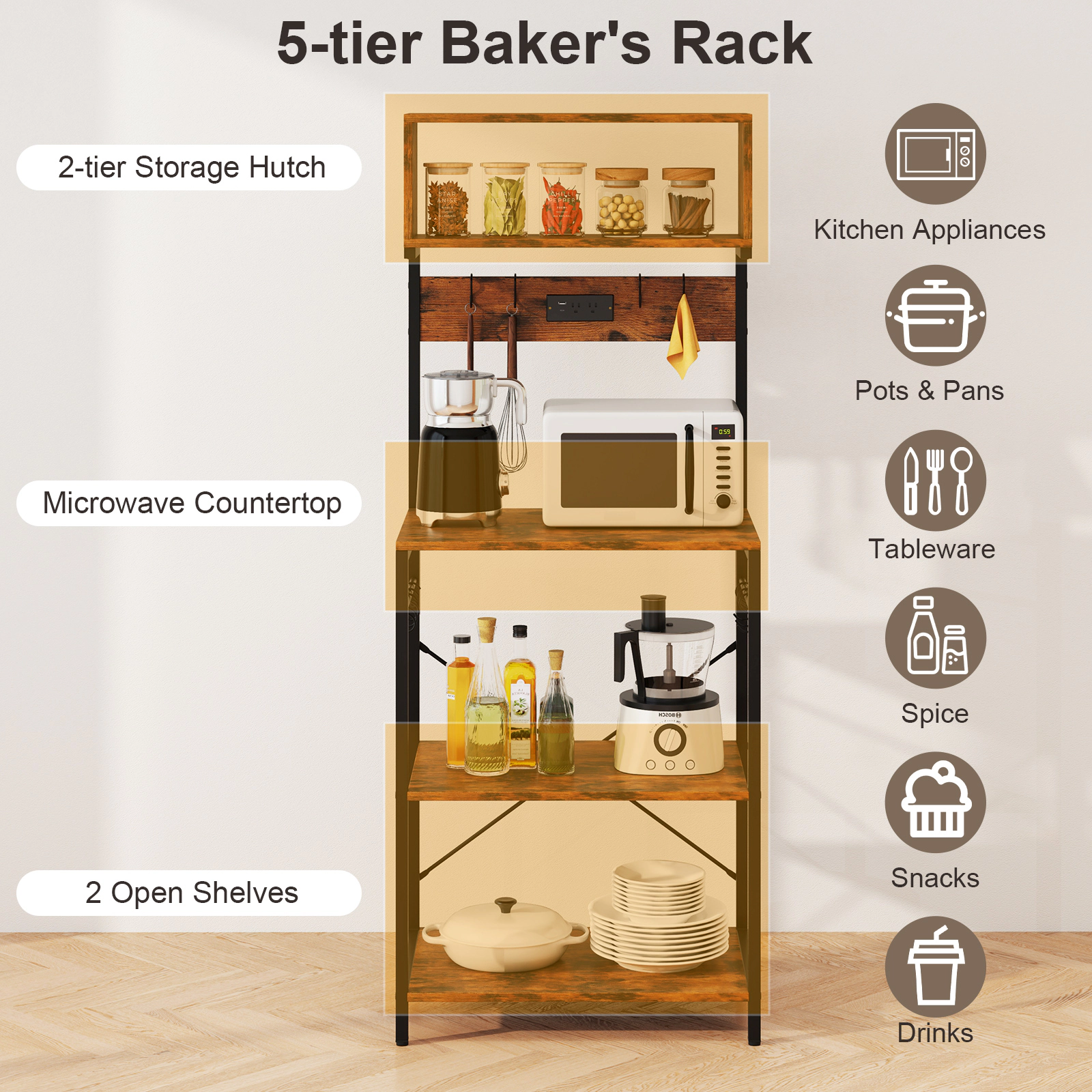 SUGIFT 60-in Tall Rustic Brown Microwave Stand with Power Strip 4 Open Shelves and 10 Hooks for Coffee Bar