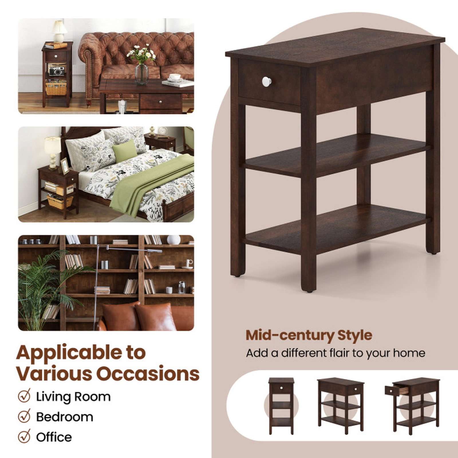 SUGIFT Narrow Walnut Side Table with Drawer and 3-Tier Storage Shelves