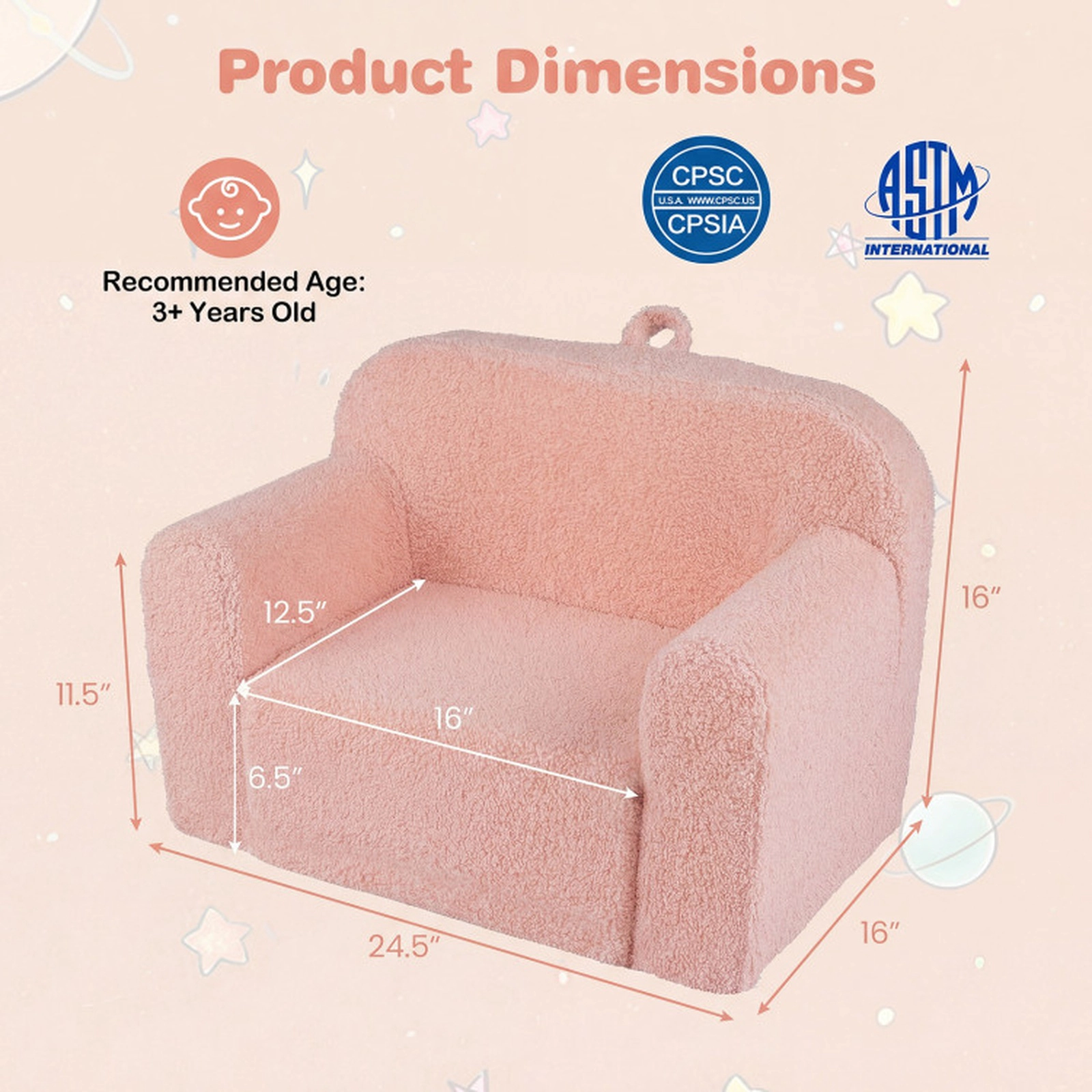 SUGIFT Teddy Fleece Kids Couch Toddler Sofa Chair with Carry Handle 24.5 x 16 x 16 in for Ages 3+ 4-lb Pink