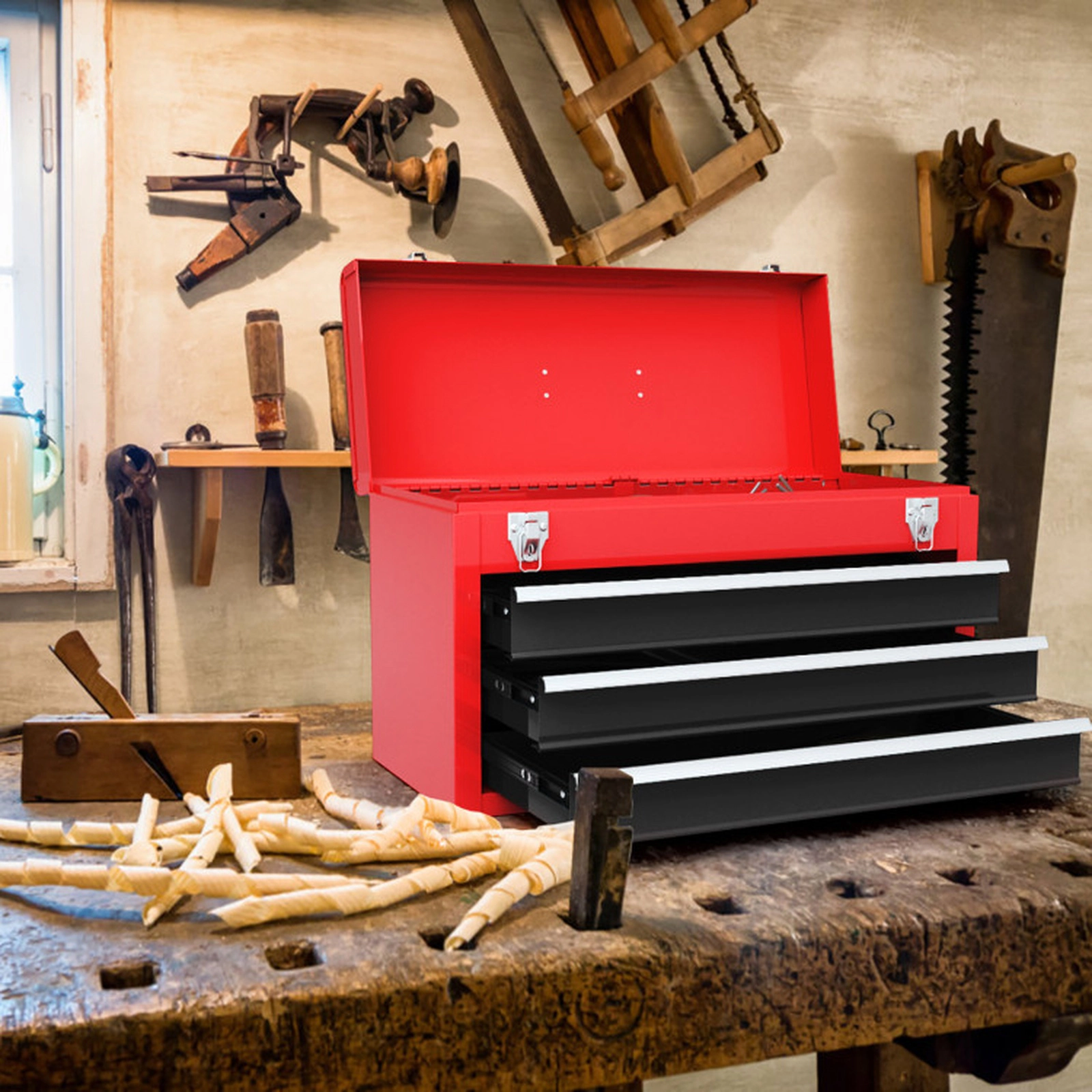 SUGIFT 3-Drawer Ball Bearing Slides Lockable Steel Portable Tool Chest 20.5-in x 8.5-in x 12-in 22-lb per Drawer Red