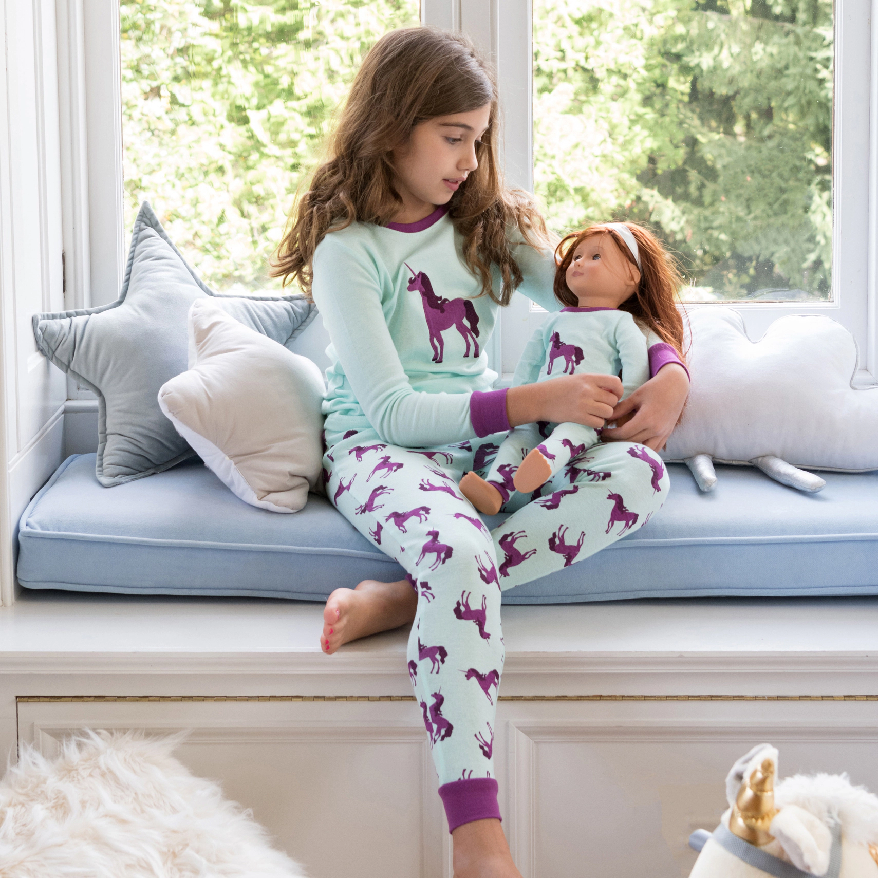 Leveret Girl & Doll Matching Cotton Unicorn Rainbow Pajama Set