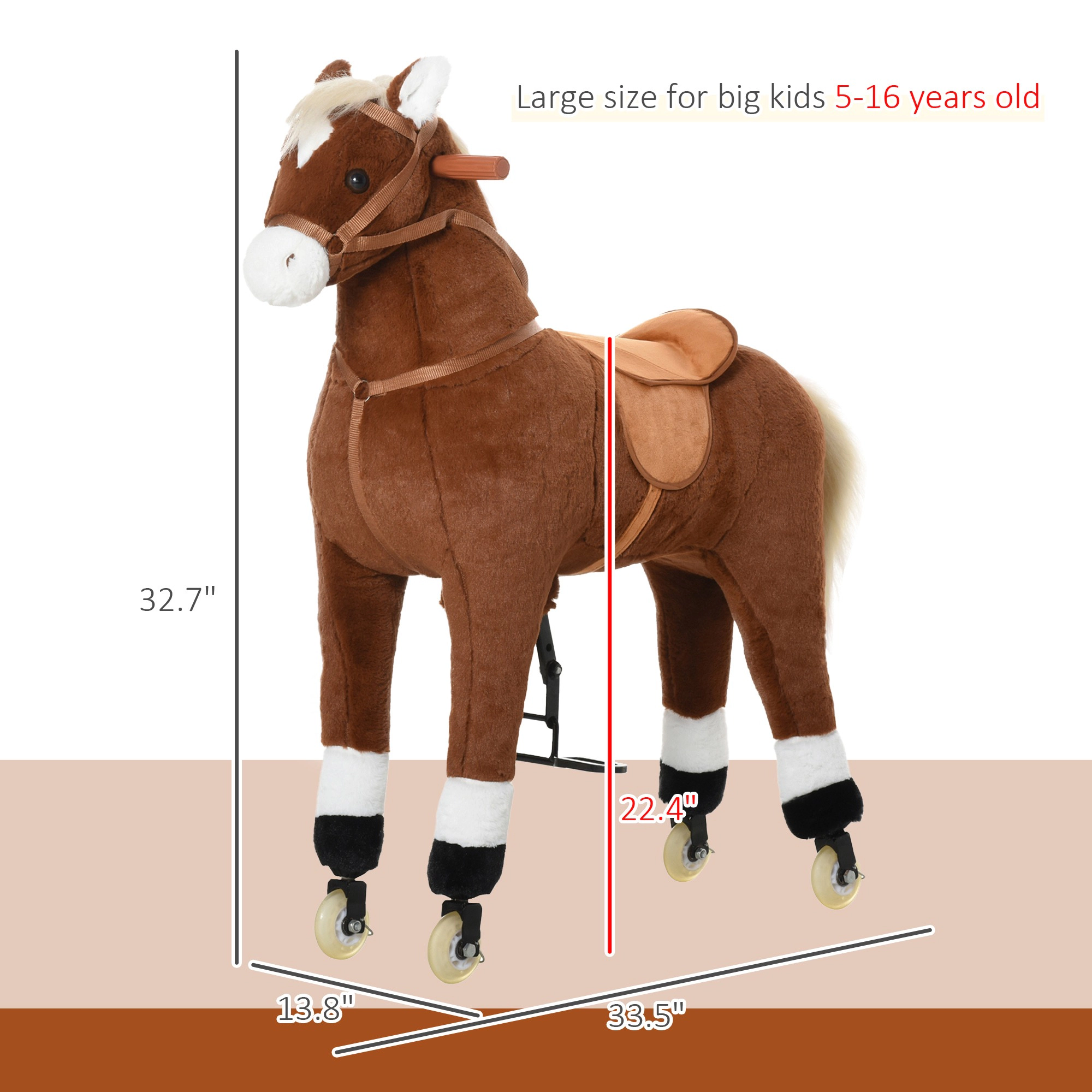 HONGGE Kids Ride-On Walking Horse with Pedal-Powered Wheels, Plush Huggable Body & Saddle, Large Size for Ages 5+