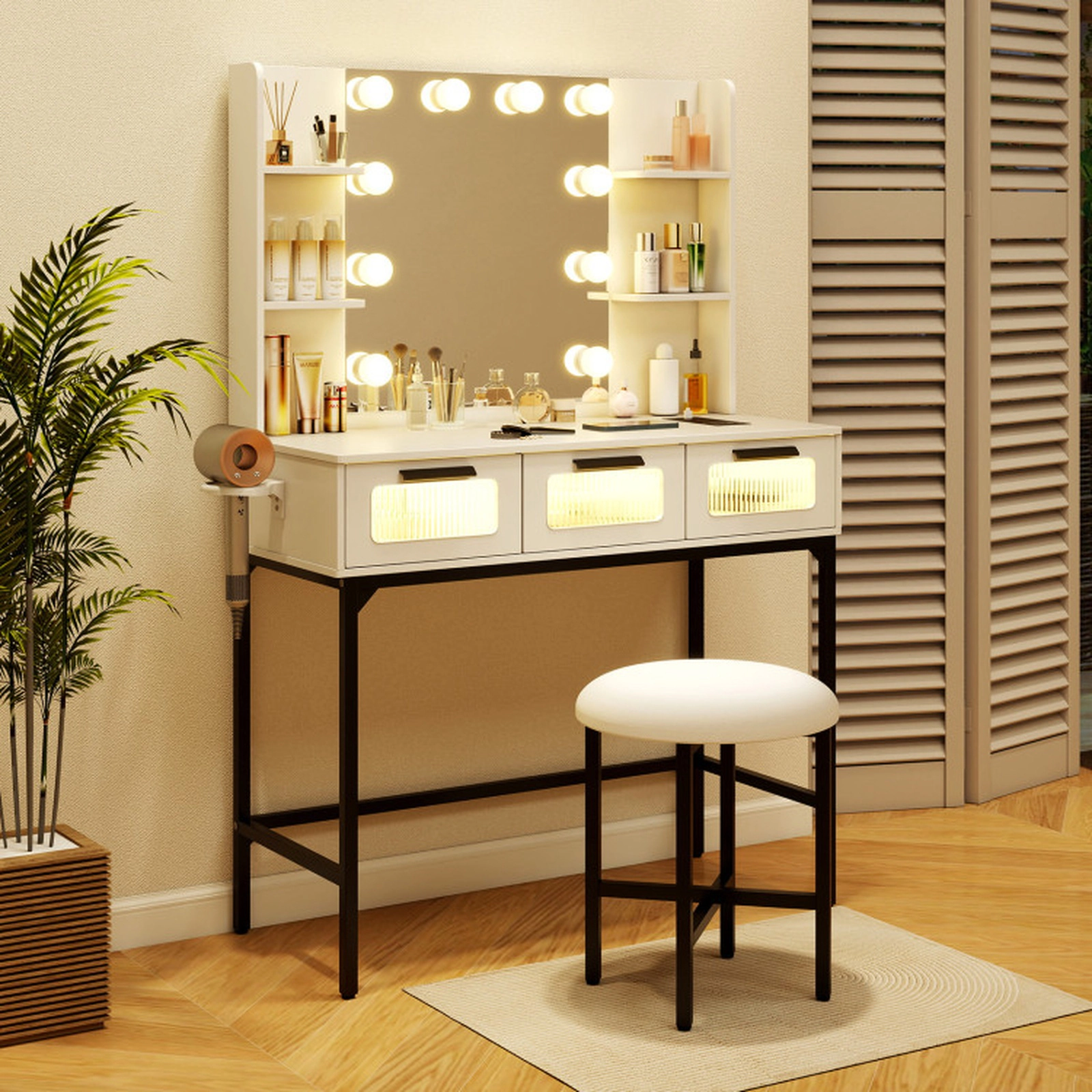 SUGIFT 35.5-in White Vanity Makeup Desk with 10-Bulb Hollywood Mirror Charging Station and Anti-Tip Kit
