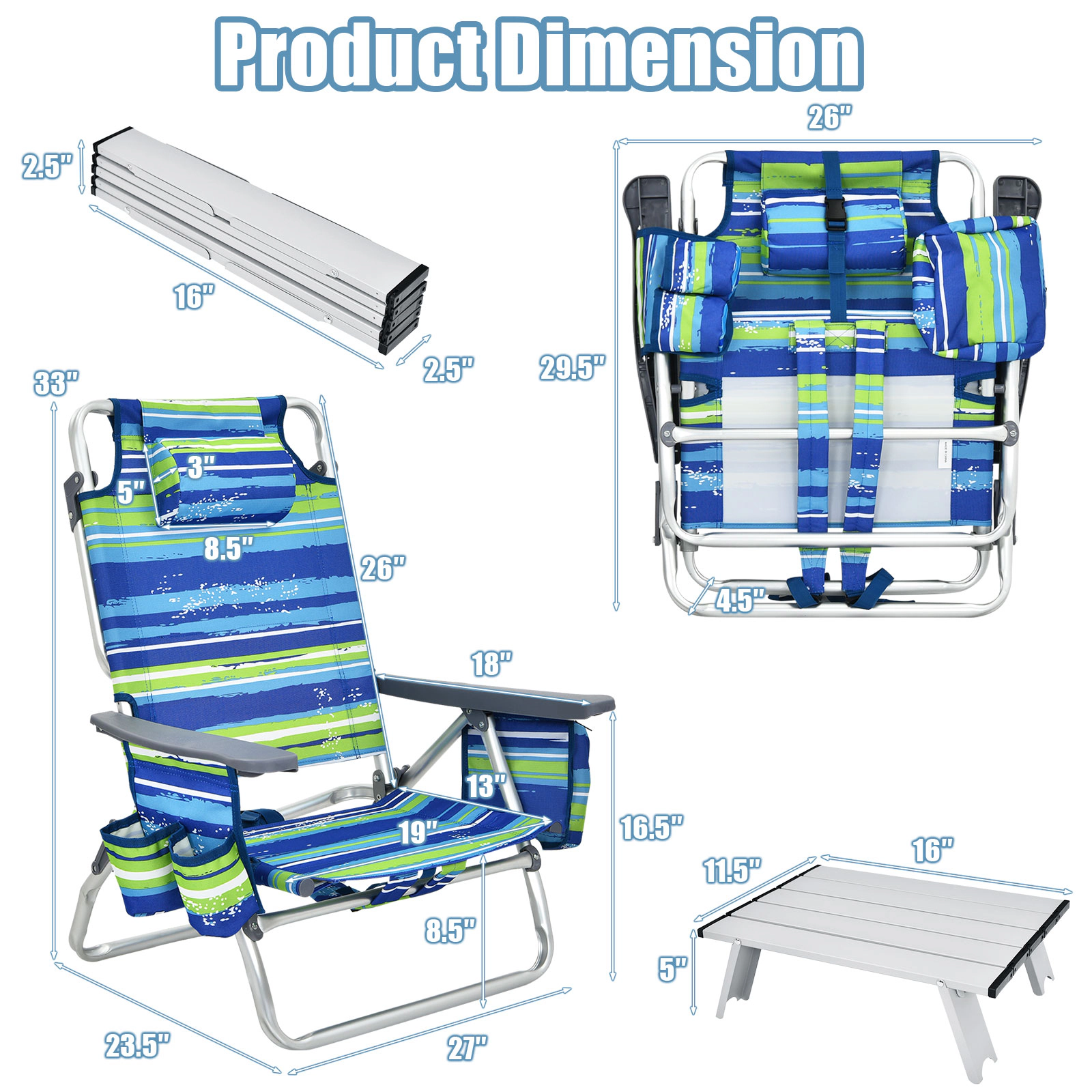 SUGIFT 5-Position Outdoor Folding Backpack Beach Chair & Table Set 330-lb Chair Capacity Blue & Green with Silver Table