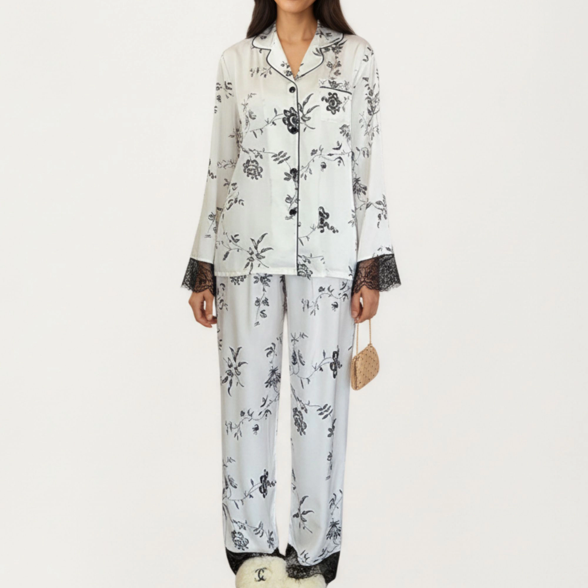 Anna-Kaci Women's Satin Pajama Set with Floral Print and Lace Trim Cuffs Hem