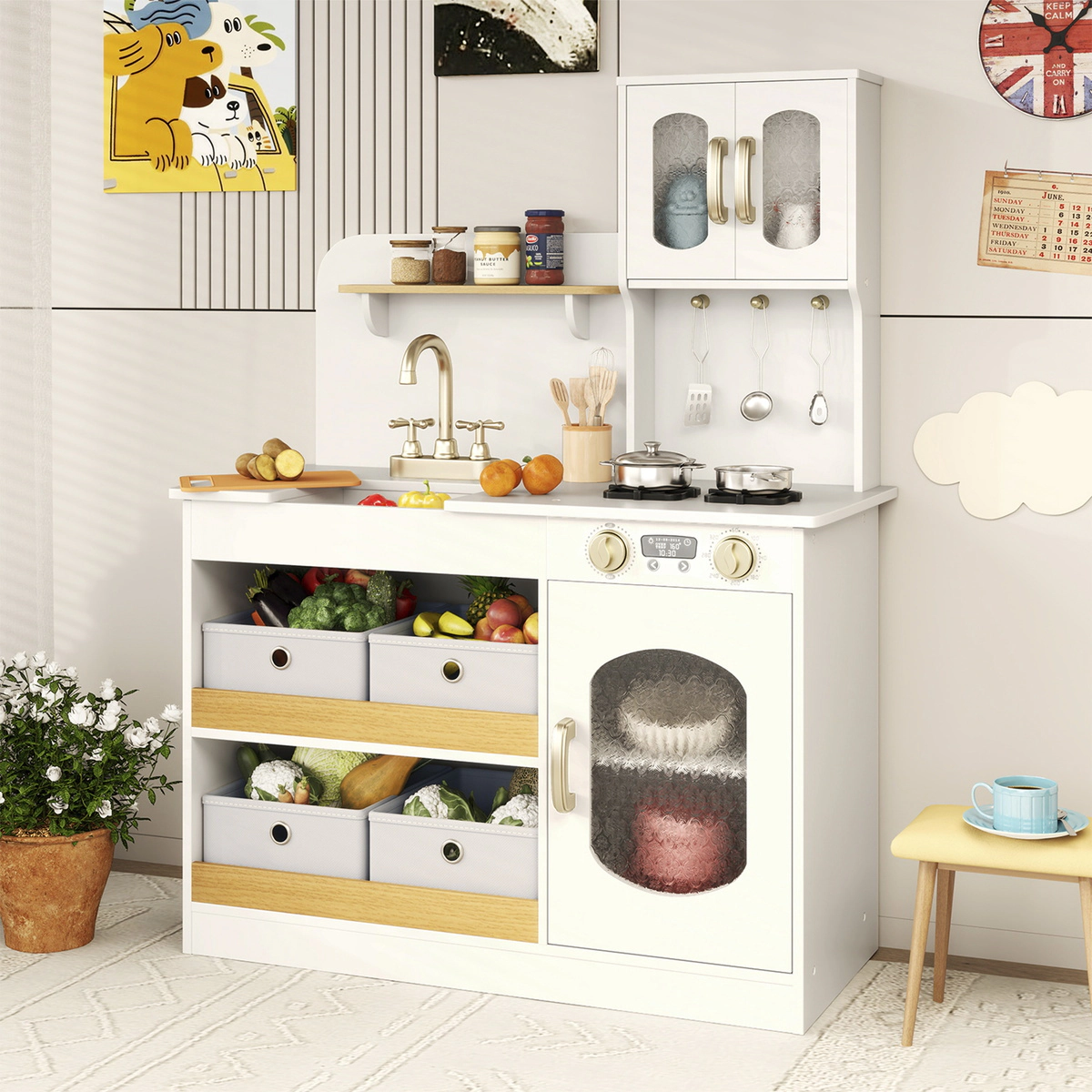 SUGIFT Kids Kitchen Playset with Cooking Accessories and Toy Cuttable Veggies 21.5-in Countertop Ages 3+ White