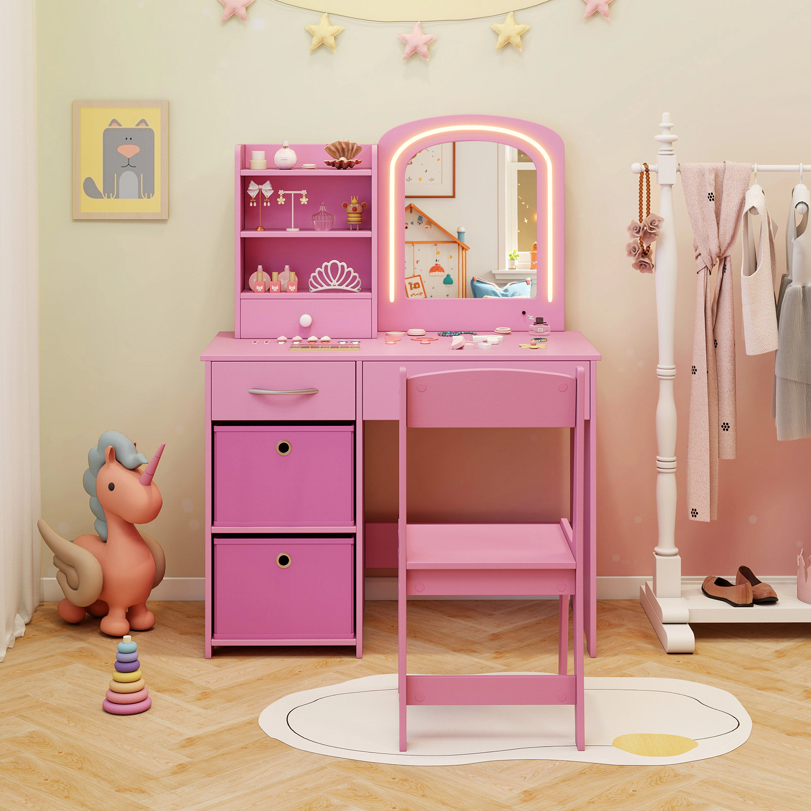 SUGIFT Pink Kids Vanity Set with Lighted Mirror, Chair, Drawers and Shelves