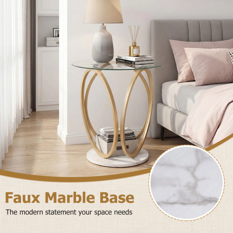 Hivvago Round End Table Faux Marble Side Table With Tempered Glass Tabletop