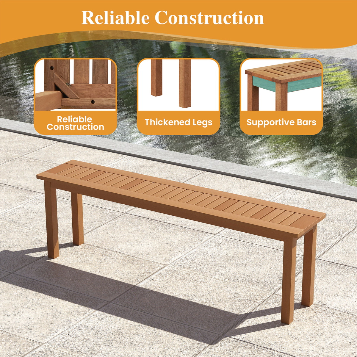 SUGIFT 59-Inch Natural Wood Backless Dining Bench, 330-Lb Capacity, Slatted Seat