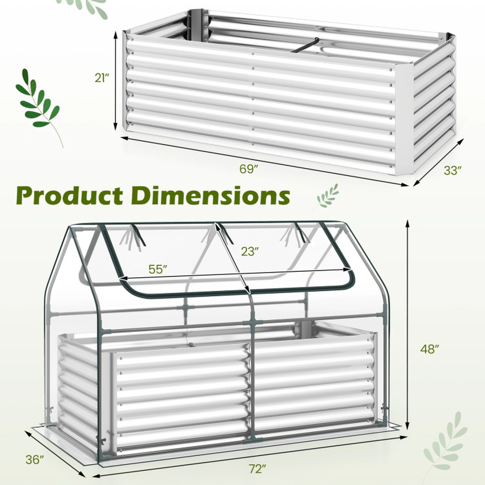 SUGIFT Galvanized Raised Garden Bed with Mini Greenhouse Cover Outdoor Planter Silver + Clear