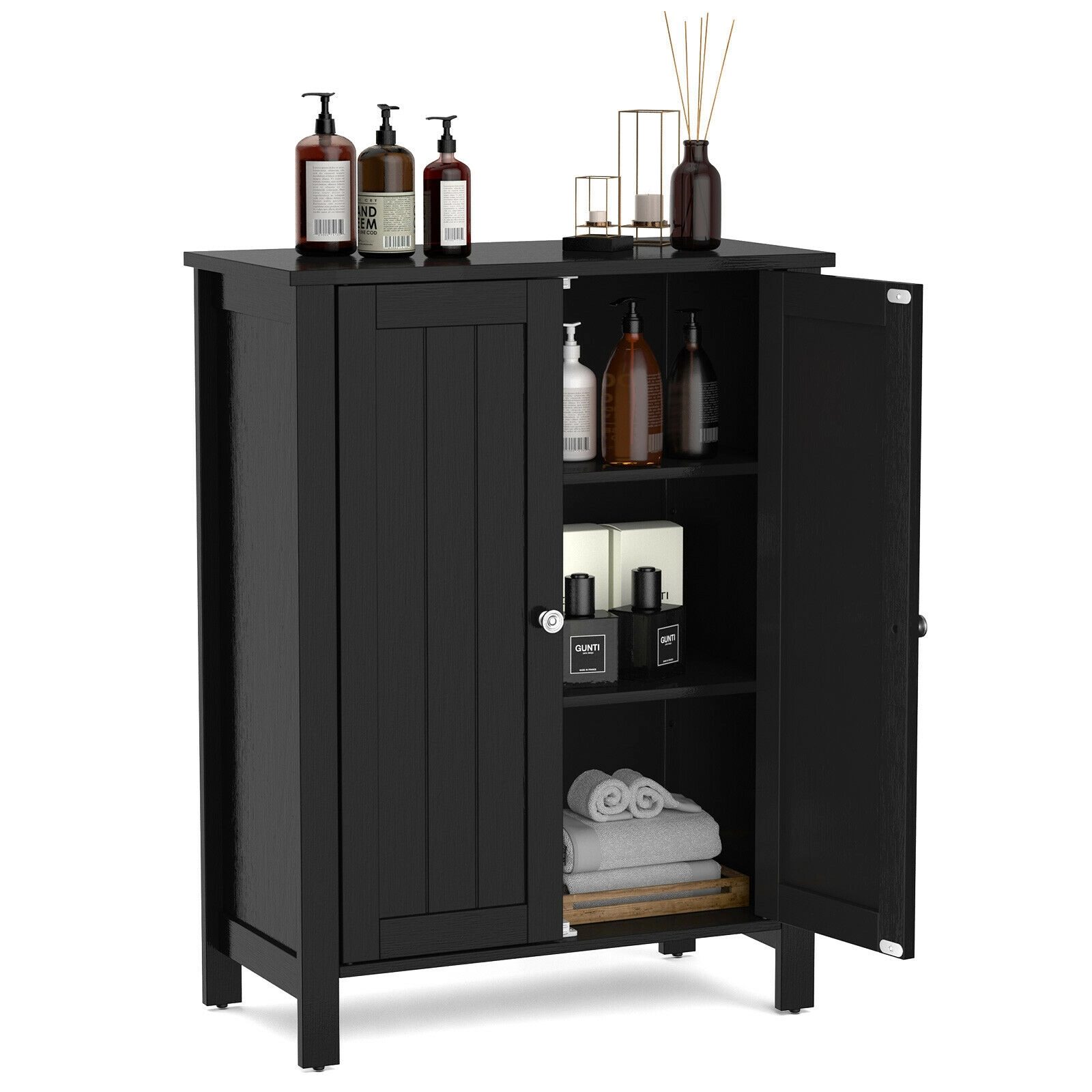 SUGIFT Black 66-lb Capacity 2-Door Bathroom Floor Storage Cabinet with 2-Tier Shelves and 6 Adjustable Positions
