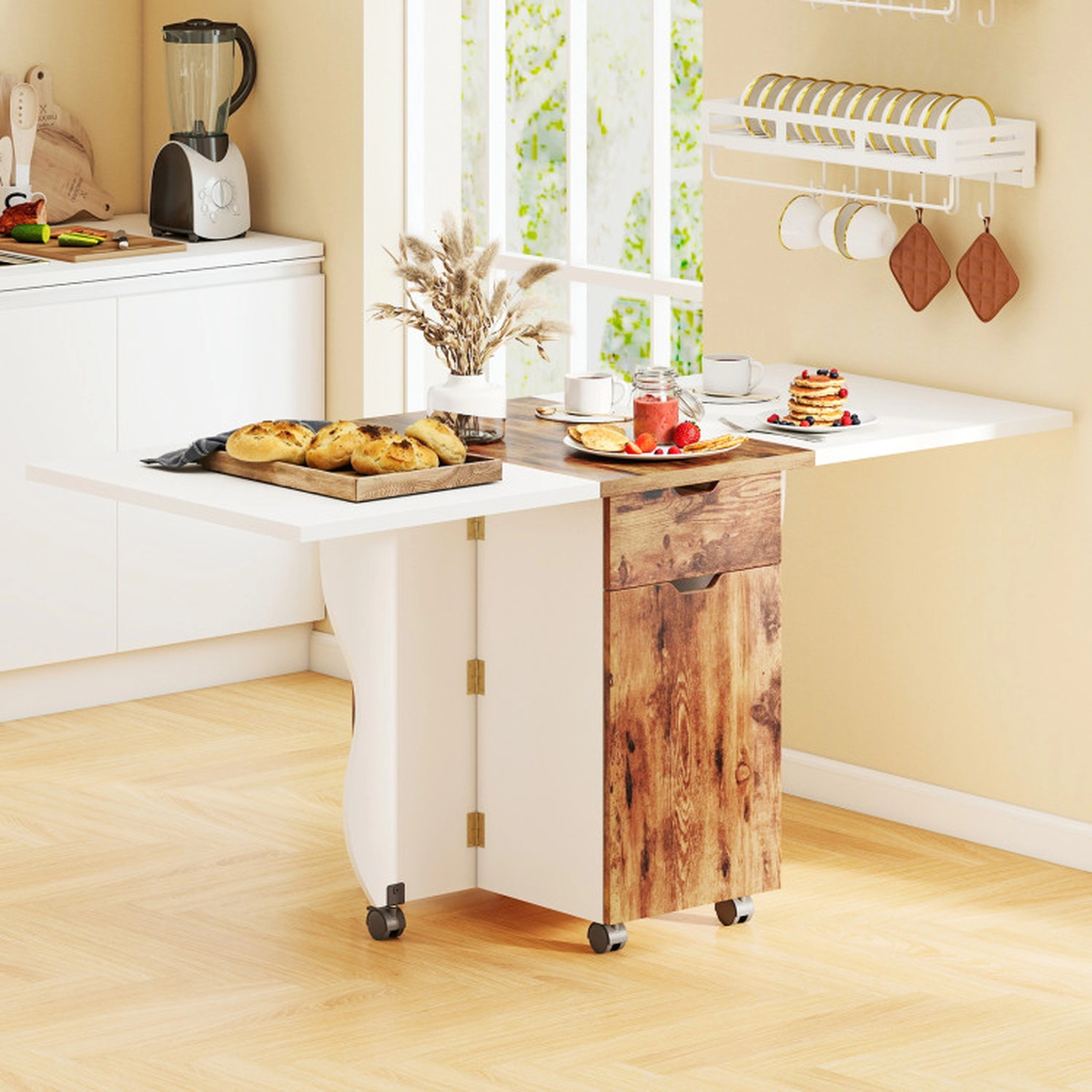 SUGIFT 63-in 3-in-1 Folding Dining Table, Rolling Kitchen Island with Storage