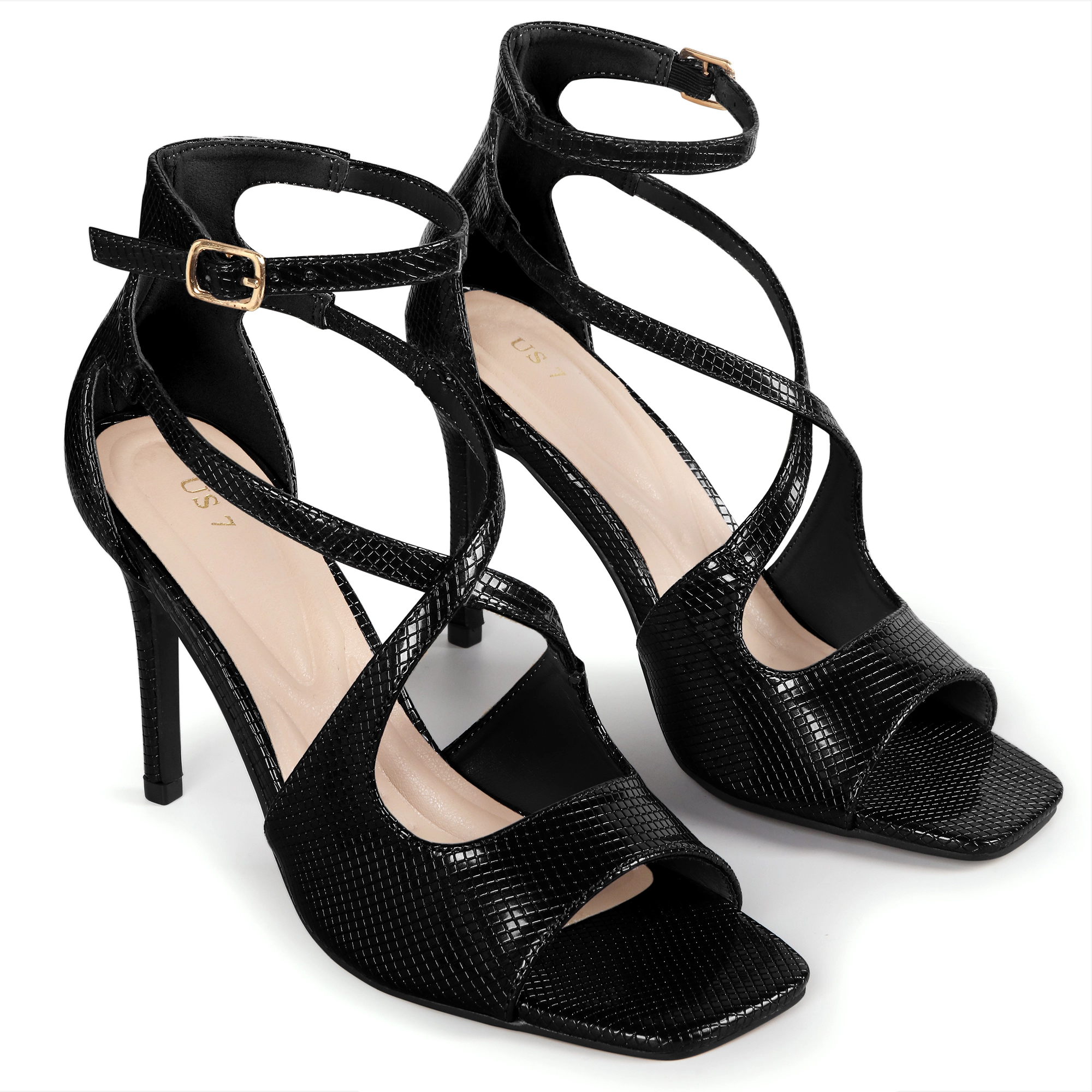 BLISSFUL STEP Women's Ankle Strap Square Toe Crisscross Stiletto Heel Sandals