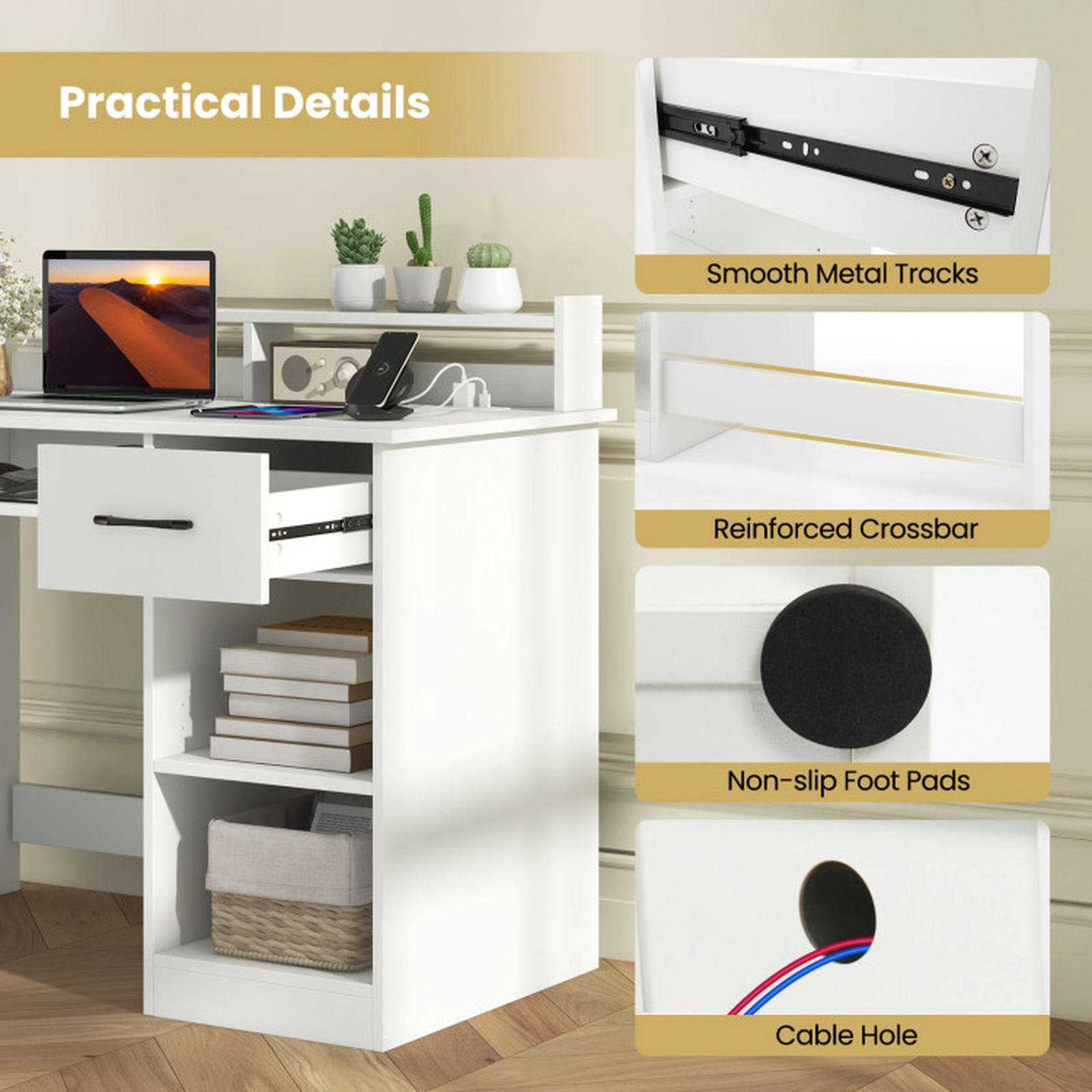 SUGIFT White Charging Station Adjustable Shelf and Keyboard Tray 41.5 Inch Computer Desk