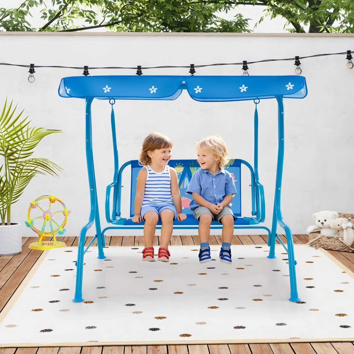 SUGIFT 180-lb Capacity 2-Seater Kids Outdoor Swing with Metal Stand Adjustable Canopy and Safety Belts Blue