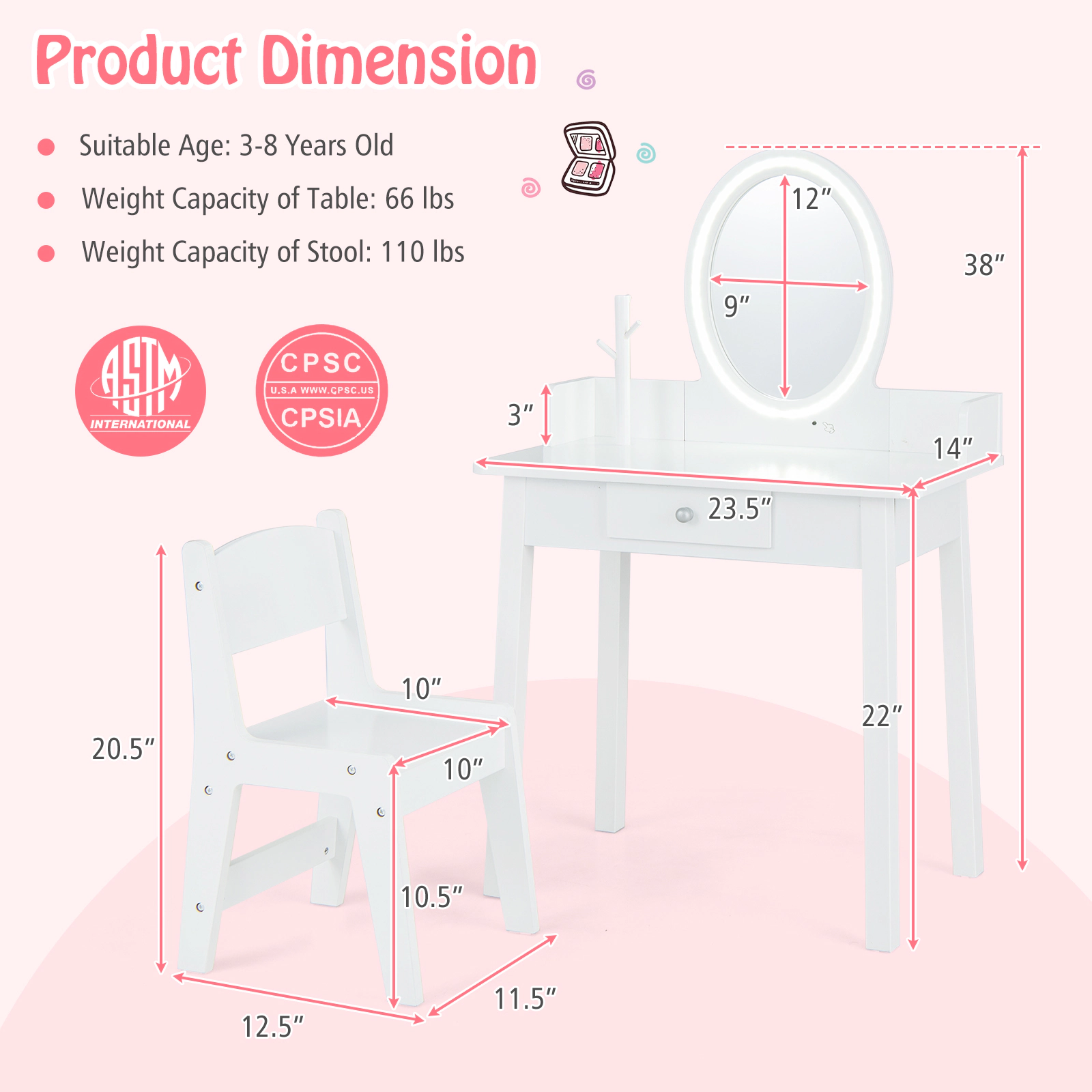 SUGIFT White LED Lighted Mirror Detachable Mirror Drawer and Stool Kids Vanity Set