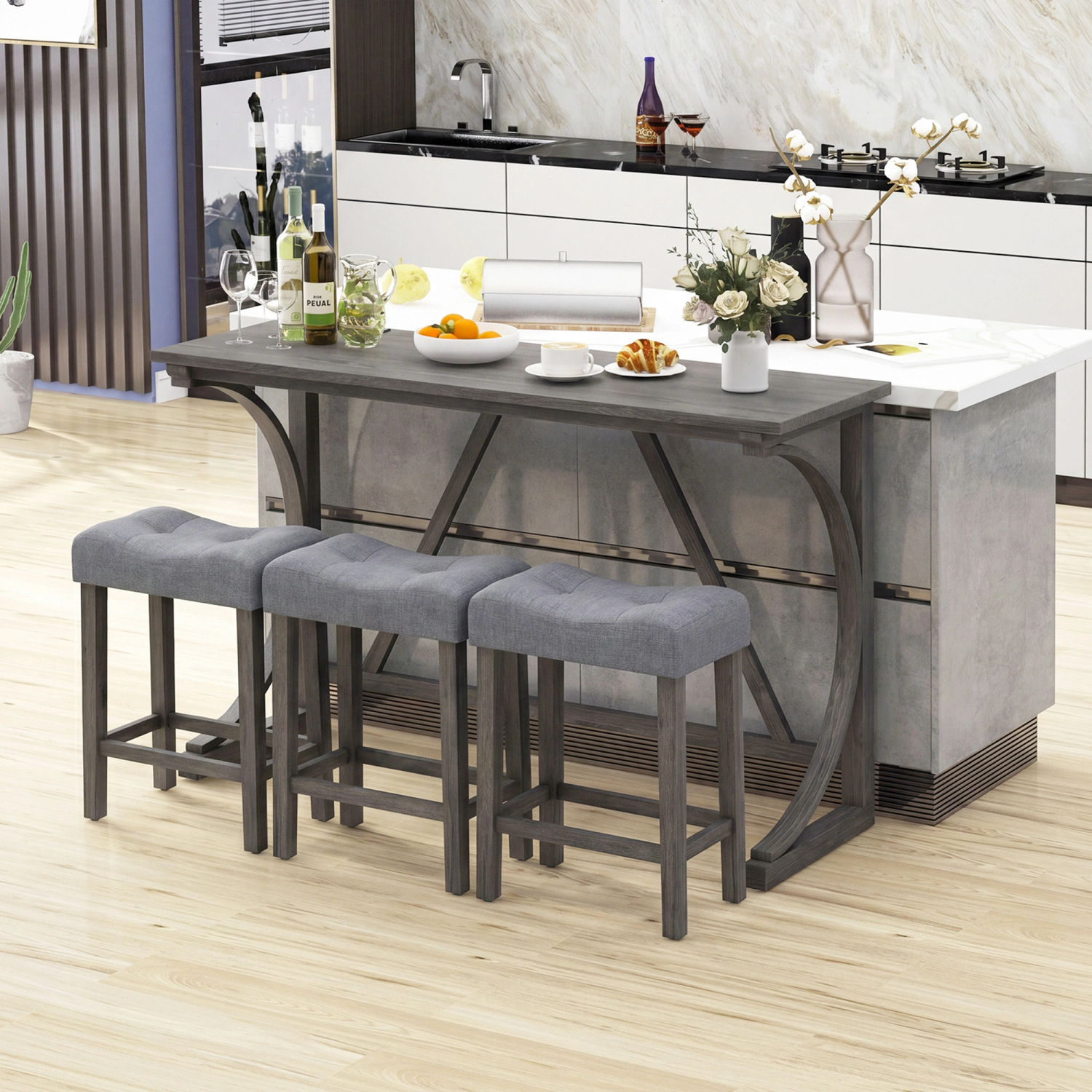 LJG 4-Piece Bar Table Set with Power Outlet and Upholstered Saddle Seat Stools
