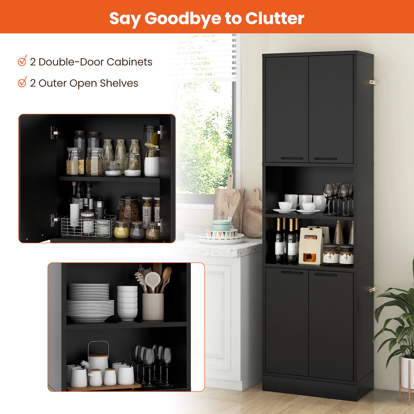 Glintex 75-Inch Tall Pantry Cabinet with 4 Doors and 2 Open Shelves