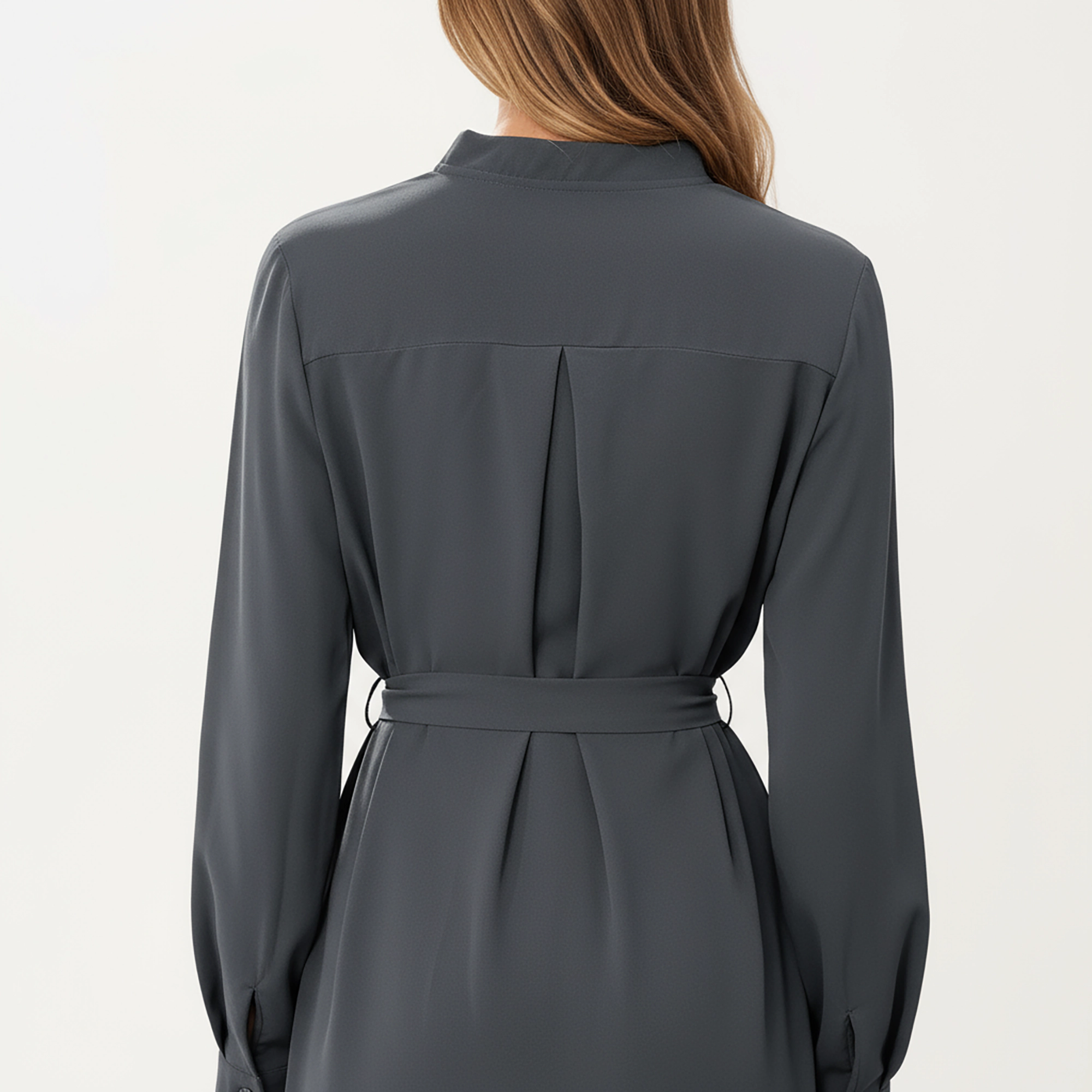 Anna-Kaci Women's Button Front Soft Drape Tie Waist Detail Smooth Structured Collarless Neckline Finish Dress