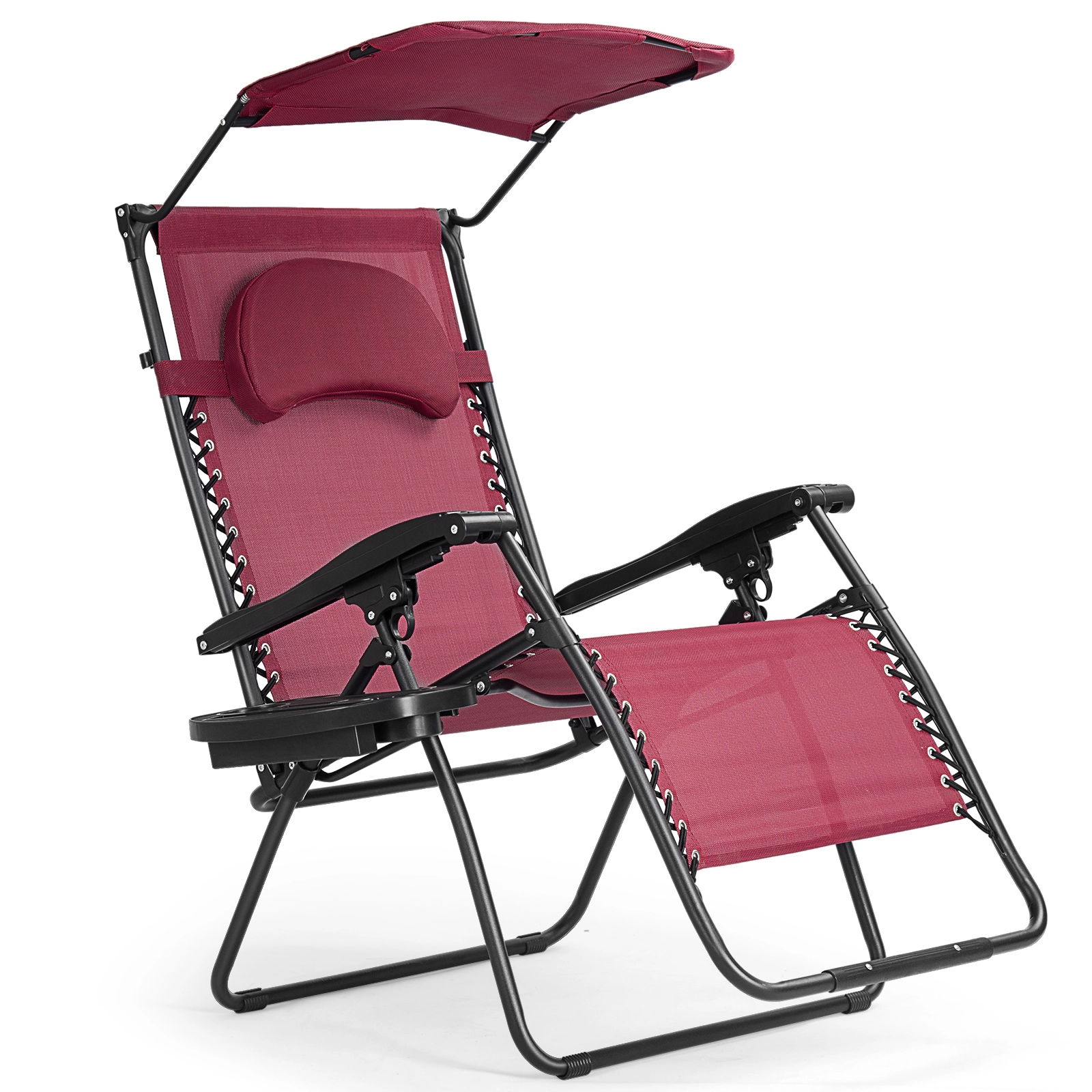 SUGIFT Folding Recliner Lounge Chair Adjustable Shade Canopy & Cup Holder 250-lb Capacity Dark Red Fabric Black Frame