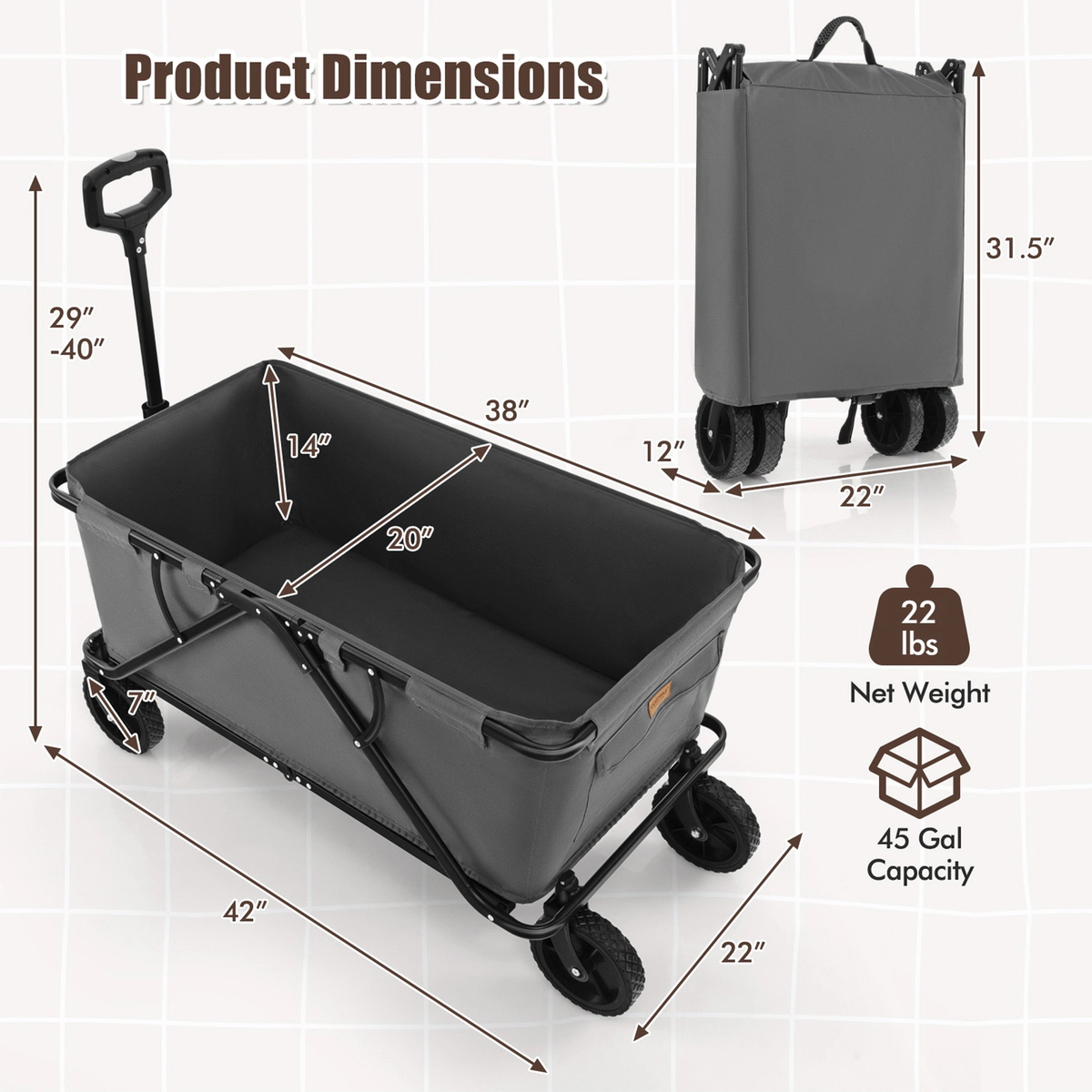 SUGIFT Collapsible Folding Wagon Cart Adjustable Handlebar 45-Gallon Capacity 220-lb Static Load 132-lb Dynamic Load