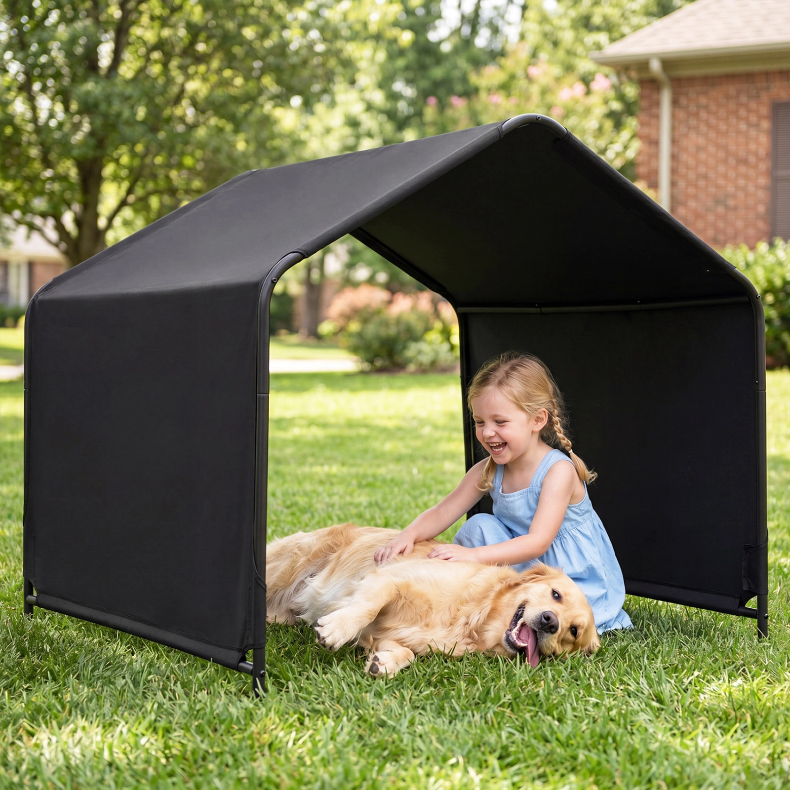 SUGIFT Outdoor Dog Shade Shelter Black with Waterproof Roof and Ground Stakes