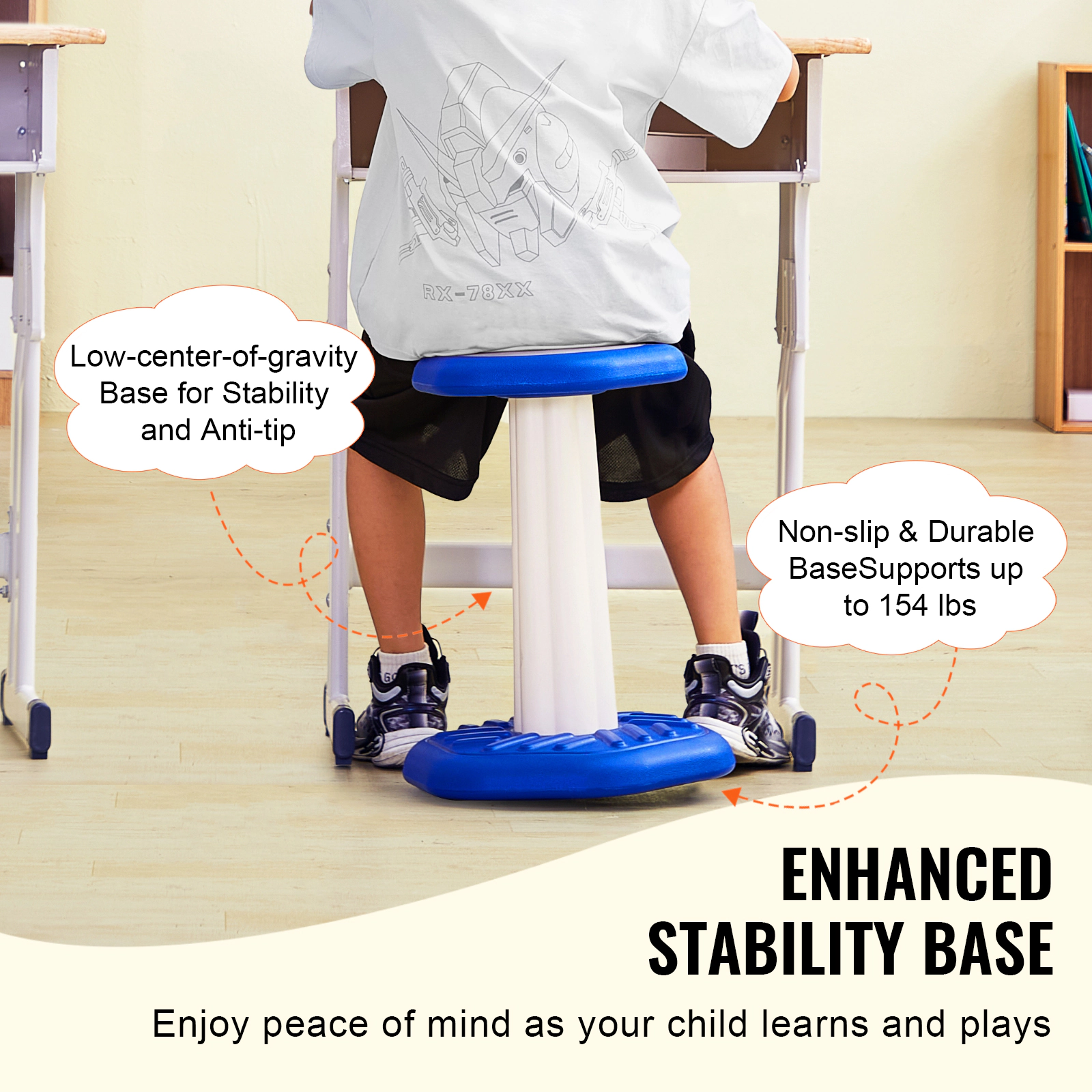 HONGGE Kids Wobble Chair for Ages 7-14, 360-Degree Swivel Stool with Cushioned Seat, HDPE, Holds up to 154 lbs