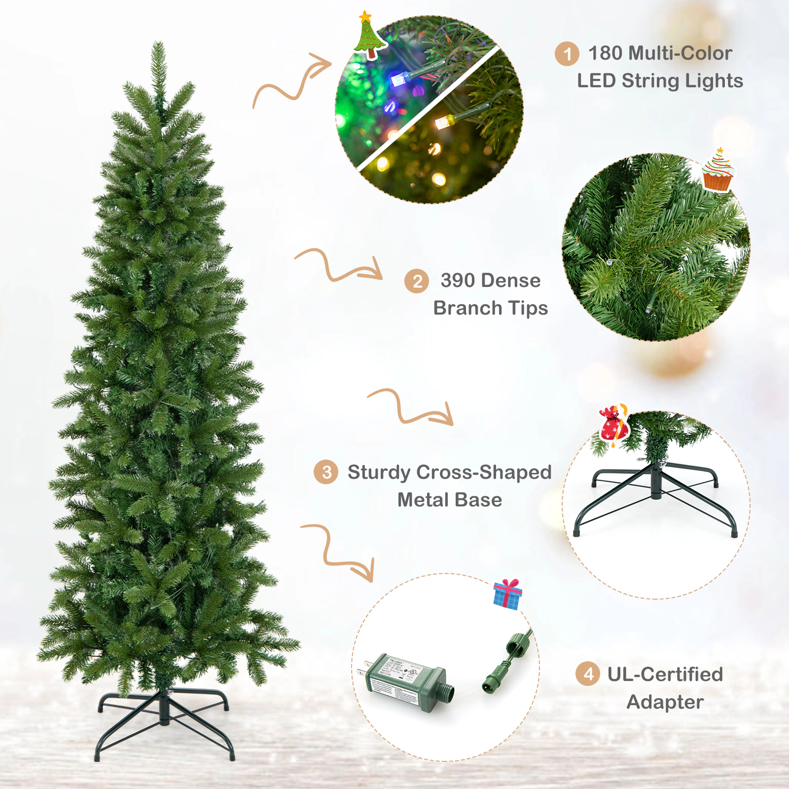 LJG Pencil Christmas Tree with 180 Warm White and Multi-Color LED Lights