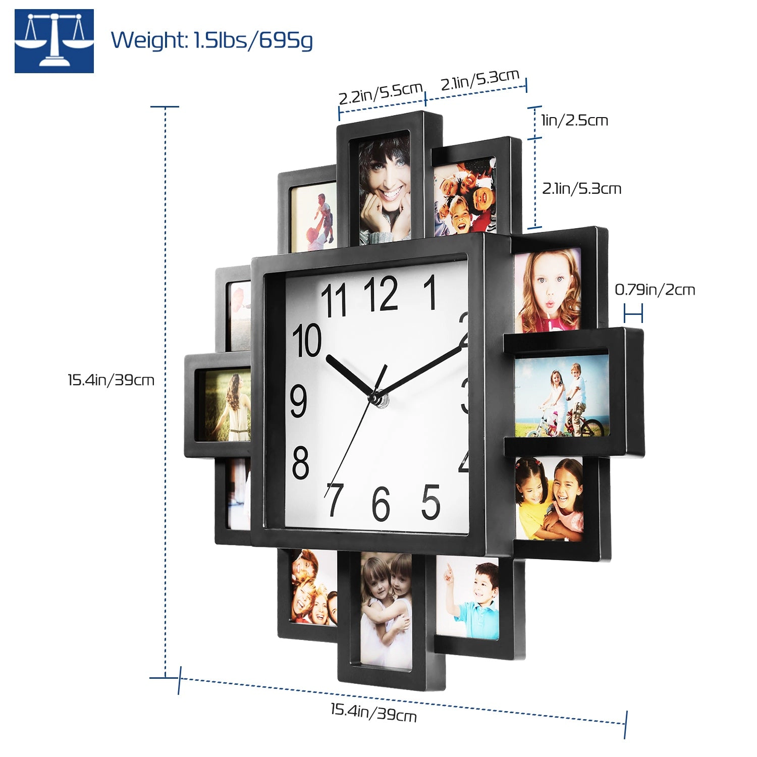 GBruno 12-Picture Photo Frame Wall Clock