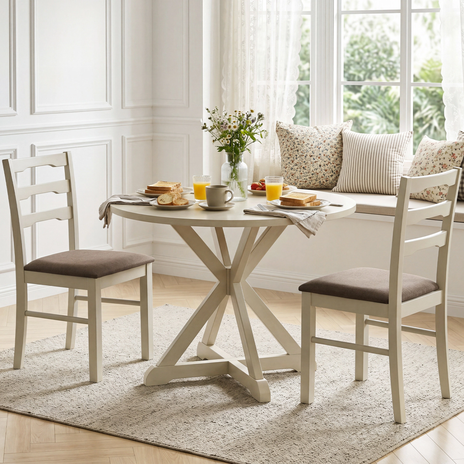 LJG Set of Linen Style Upholstered Dining Chairs with Wood Frames
