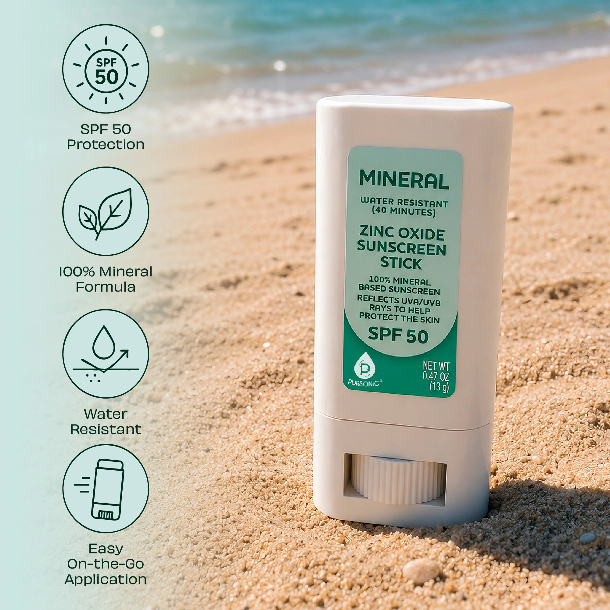 Pursonic Unisex Mineral Zinc Oxide Broad Spectrum SPF 50 Sunscreen Stick