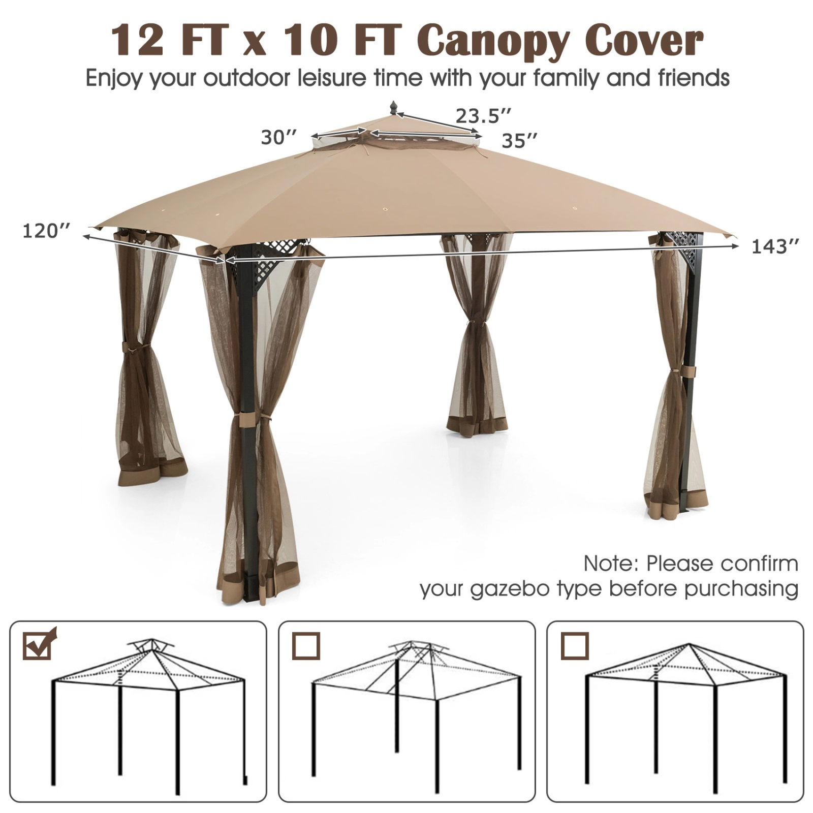 SUGIFT 10-ft x 12-ft Brown Gazebo Replacement Canopy Top with 2-Tier Vented Roof and Drainage Holes