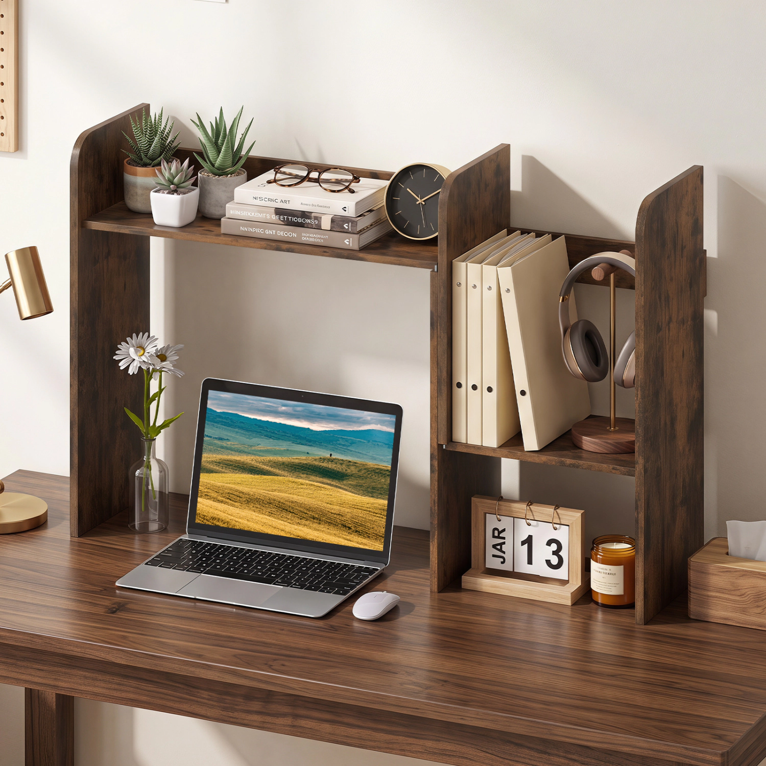 LJG Expandable Desk Bookshelf with Open Cubes and Desktop Display Rack
